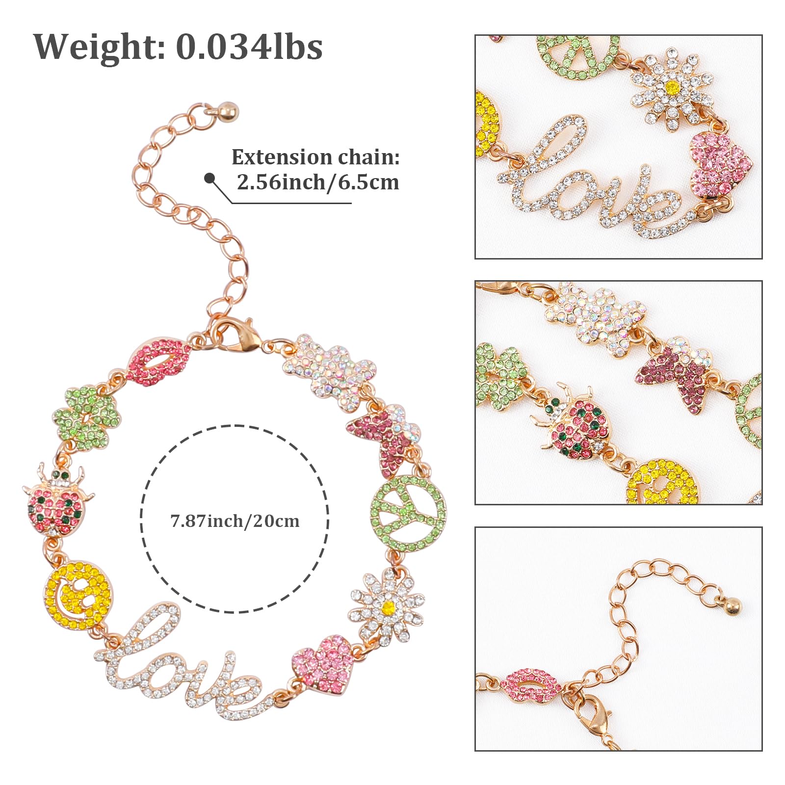 Cute Colorful Love Heart Charm Bracelets for Women - Adjustable Smiley Bear Butterfly Peace Sign Flower Beetle Red Lip Clover Animal Gold Link Hippie Statement Bracelets | Y2K Preppy Jewelry Gift for Women, Girls, Teens | Perfect for Parties, Gifts, Everyday Wear
