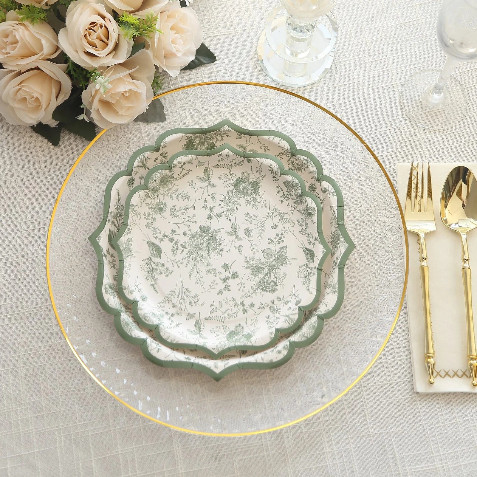 25-Pack White and Sage Green Floral Leaf Print Paper Plates with Scalloped Rim - Elegant Disposable Tableware for Weddings, Baby Showers & Garden Parties