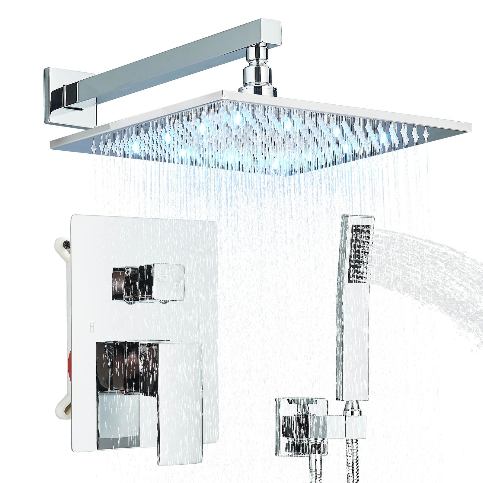 12 Inch LED Shower Head with Brass Handheld - Complete Luxury Shower System Set Including Rough-in Valve & Trim Kit - Perfect for Modern Bathrooms & Spa-Like Experience