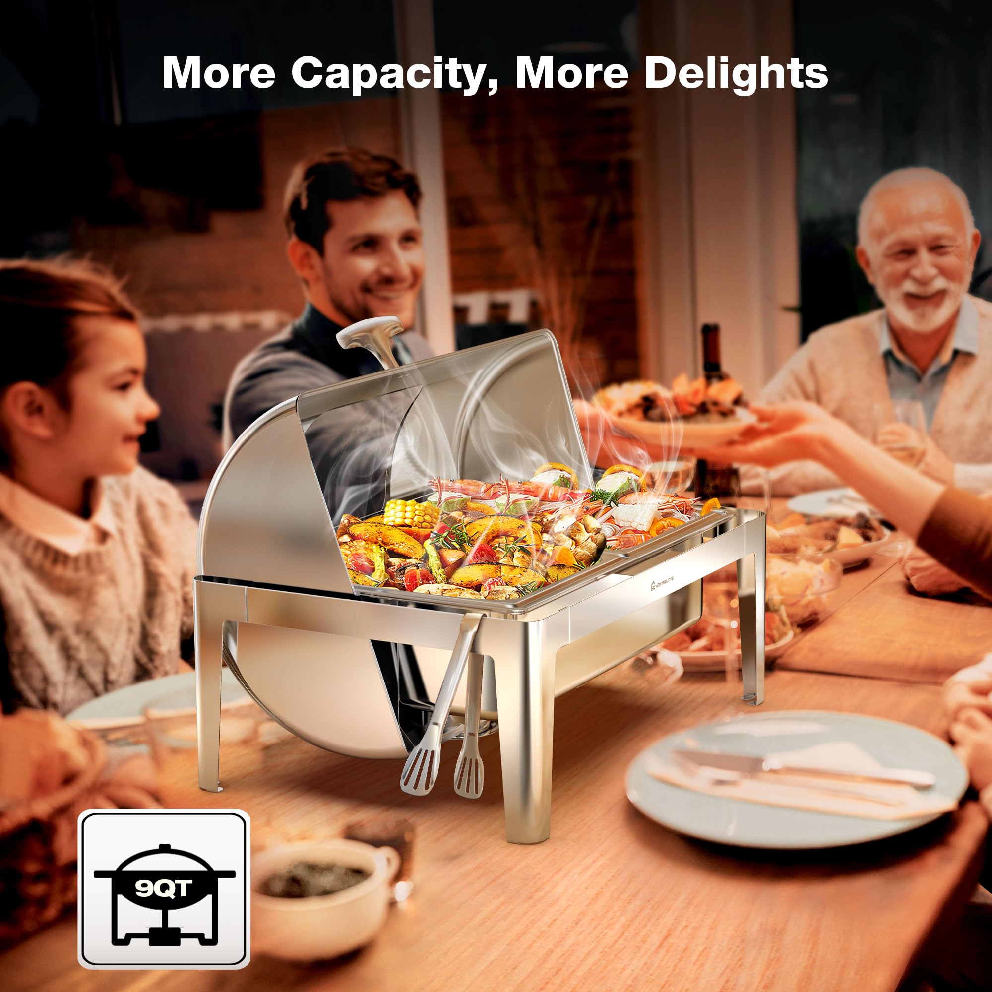 Stainless Steel Roll-Top Chafing Dish with Glass Window - 9QT Rectangular Buffet Chafer with Rolled Edge Design, Food-Grade Catering Supplies for Party, Banquet & Events (1/2 Size Food Pan) - Perfect for Buffet Serving, Wedding Receptions, and Catering Businesses