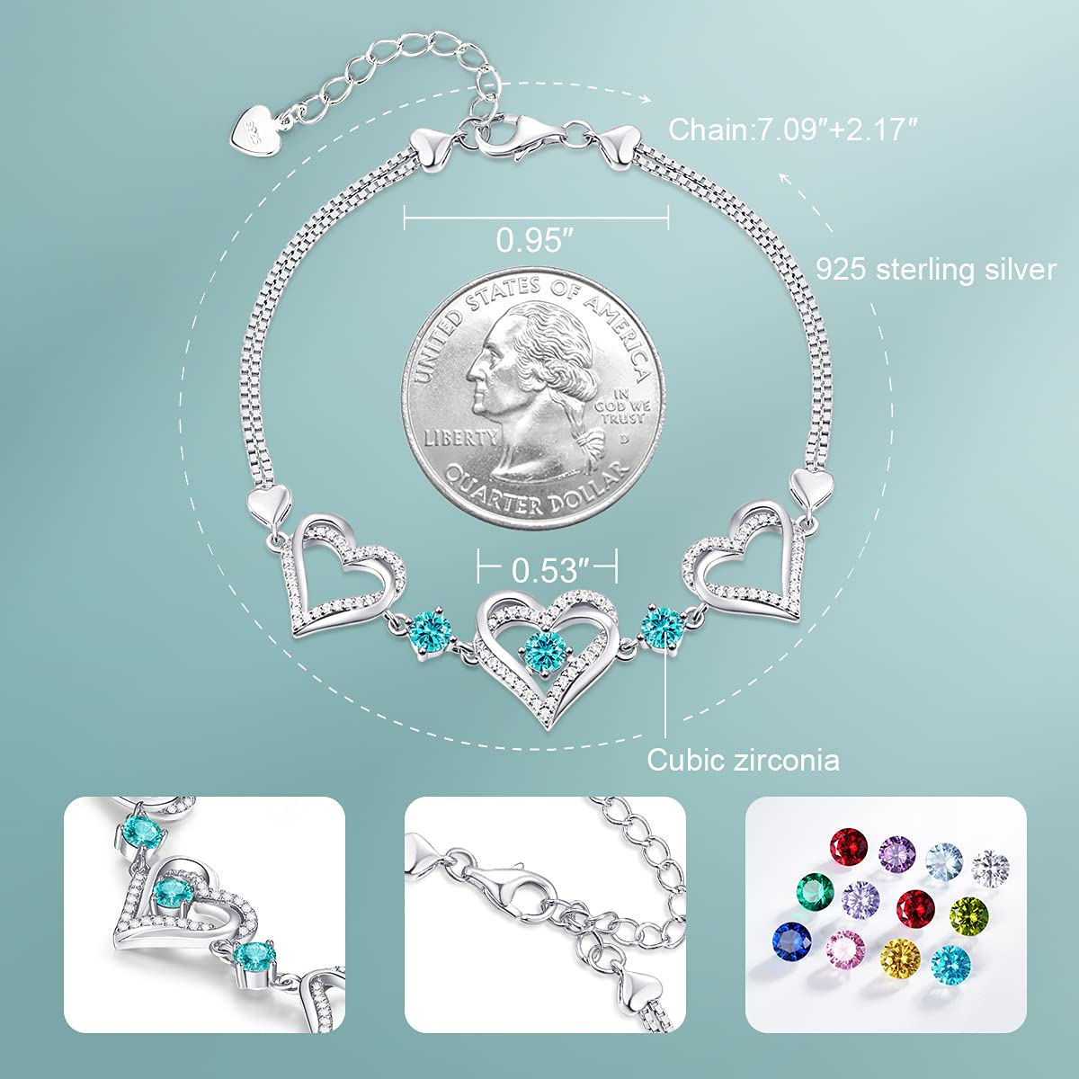 Forever Love Heart Charm Link Bracelet for Women - 925 Sterling Silver Birthstone Bracelet | Mother's Day, Anniversary, Christmas, Birthday Gift for Her | Perfect for Romantic Occasions, Date Nights & Special Celebrations