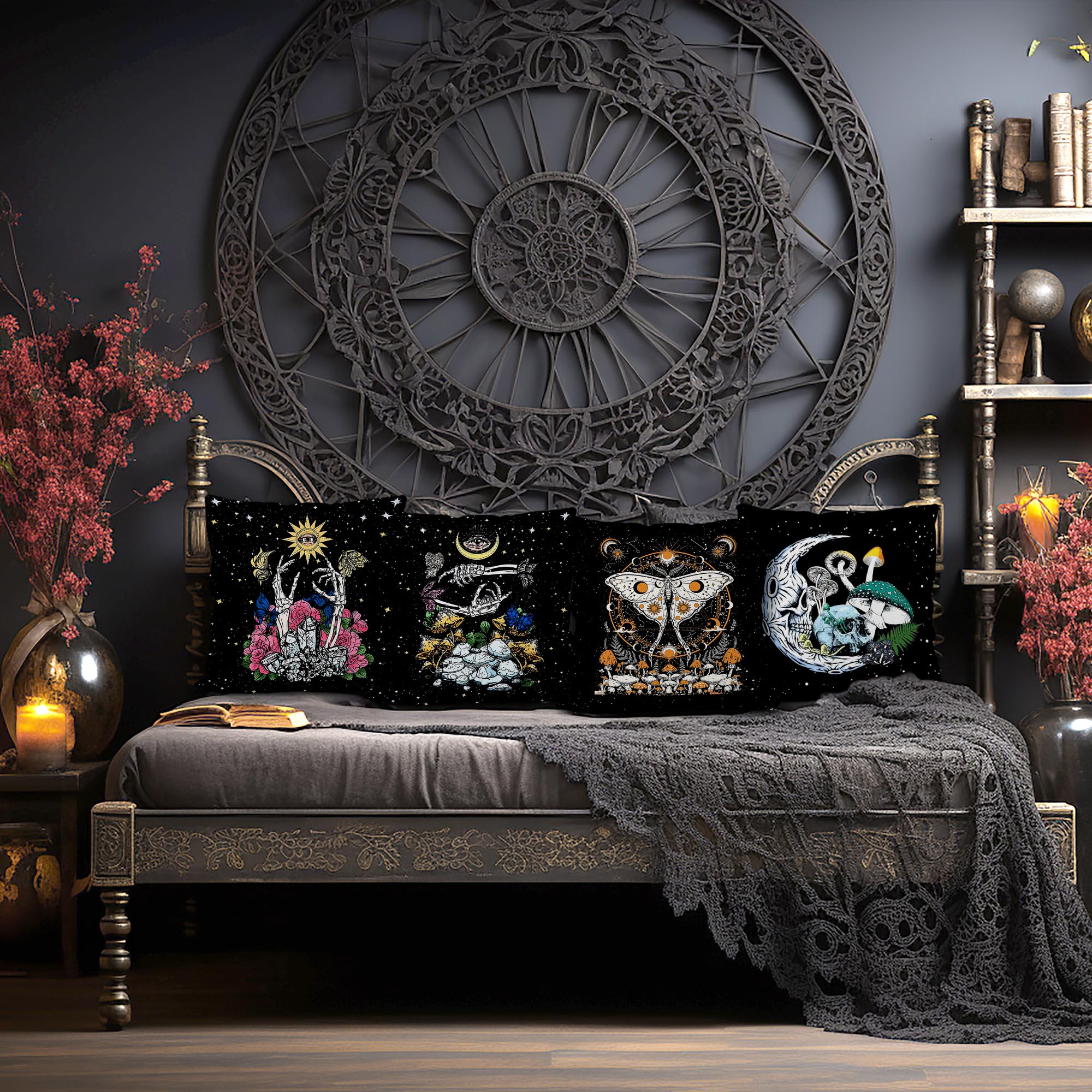 Knibeo Gothic Halloween Pillow Covers Set of 4 - 18x18 Inch Witchy Decor, Tarot Throw Pillows for Bedroom & Living Room - Perfect for Halloween Party, Gothic Home Decor, and Astrology Lover Gifts