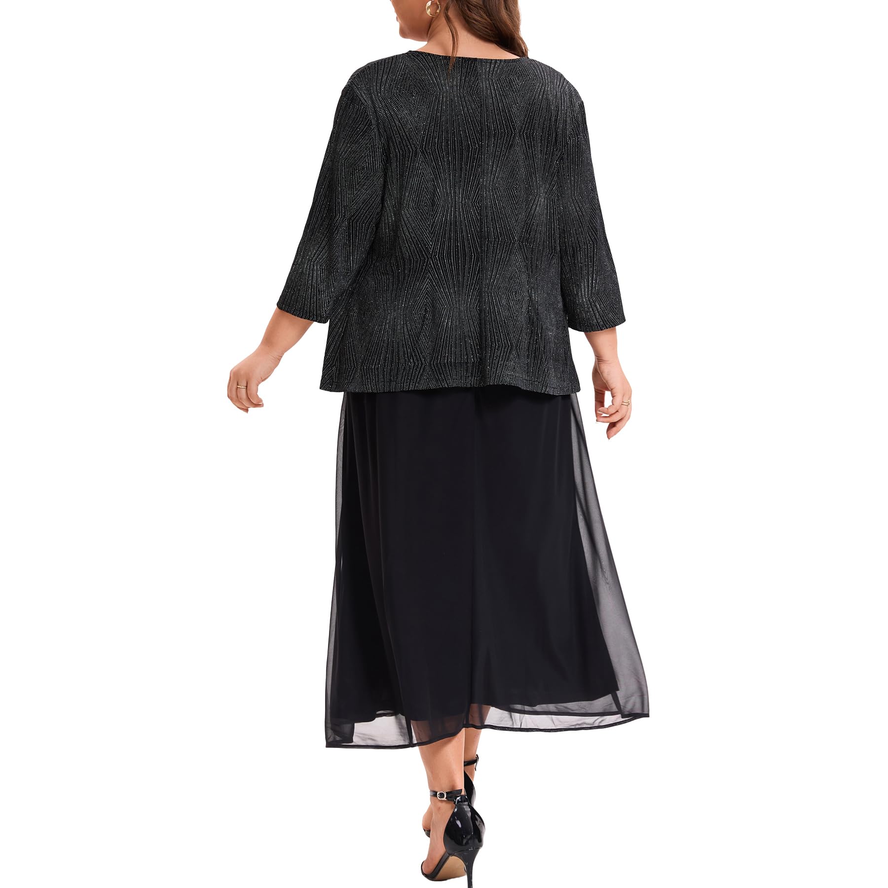 Elegant Plus Size Mother of the Bride Suits - Tea Length Glitter Jacket Dress Set for Weddings, Formal Evening Gowns & Special Occasions | Perfect for Wedding Receptions, Cocktail Parties & Black Tie Events
