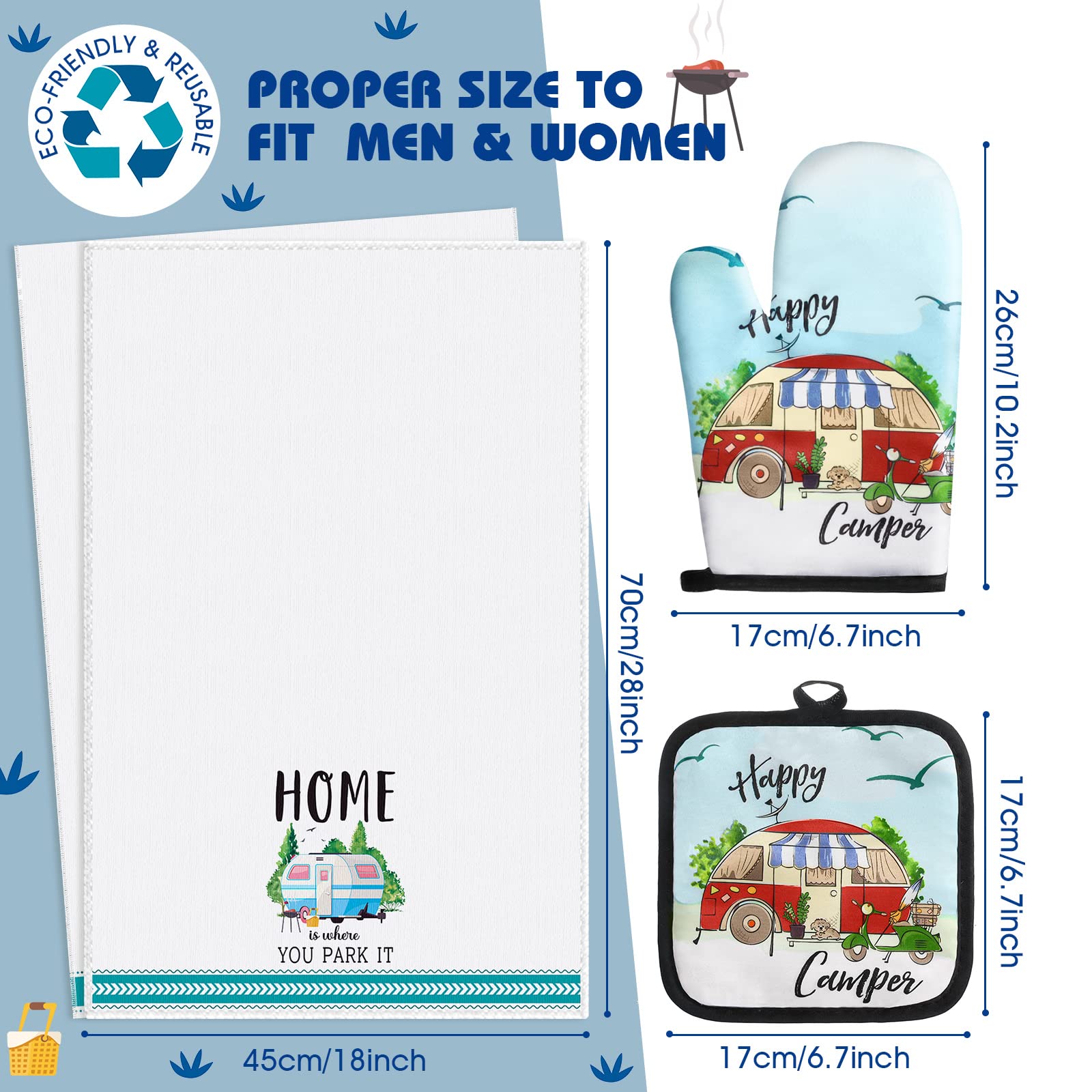 4-Piece Camping Dish Towels, Pot Holders & Oven Mitts Set - Soft, Absorbent RV Kitchen Towels for Camper, Dish Cloths & Hand Towels - Perfect for Outdoor Cooking, RV Trips & Picnics