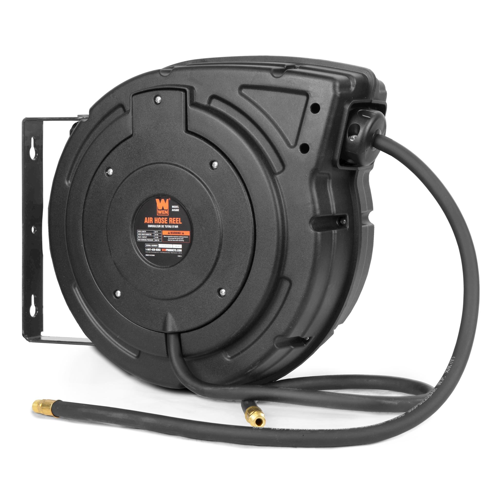 WEN AH500E 50ft 3/8 Inch Retractable Air Hose Reel - 300 PSI Hybrid Polymer for Garage, Workshop & Auto Repair | Heavy Duty Pneumatic Tool Accessory