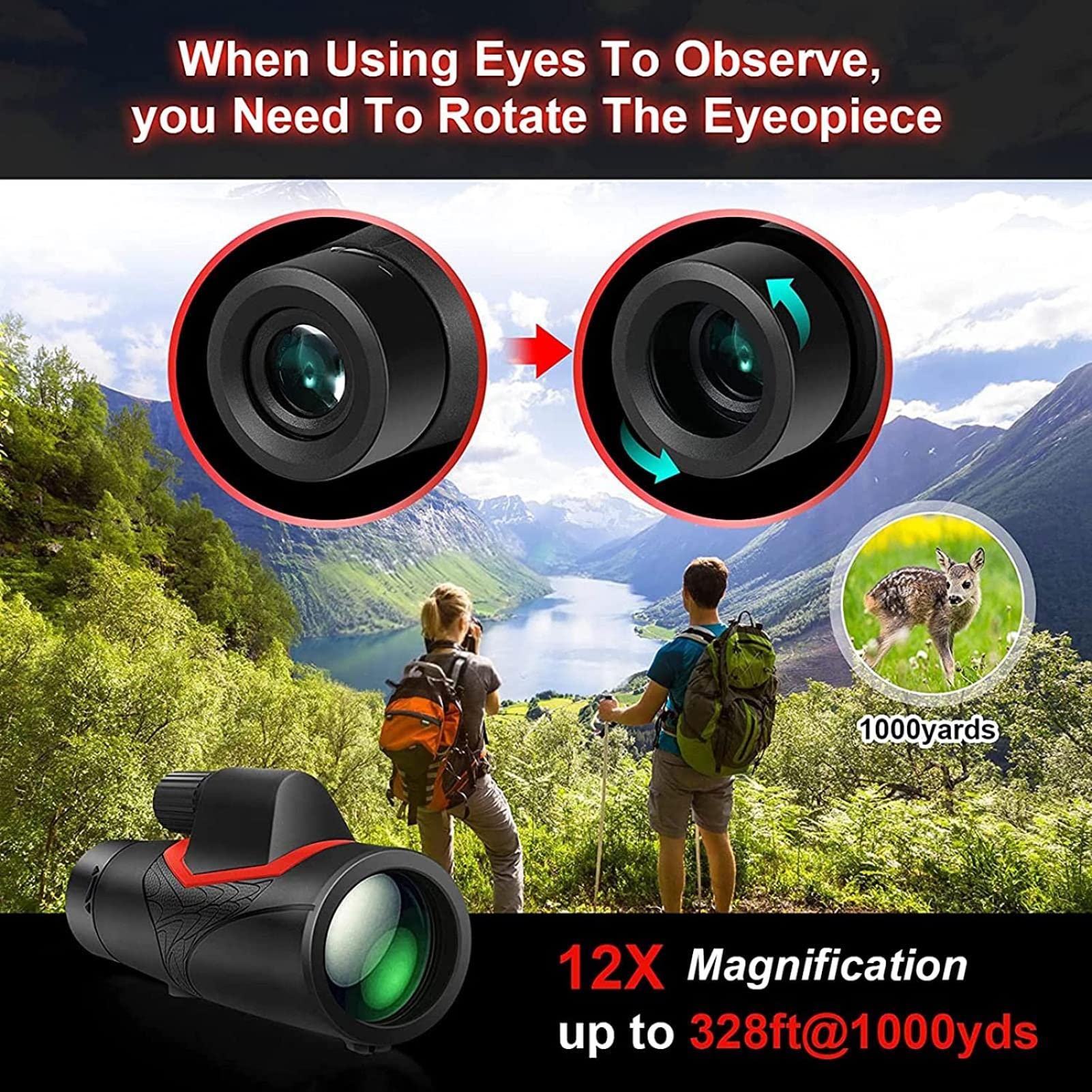 12x50 High Power Monocular Telescope with Smartphone Adapter & Tripod - Waterproof HD Monocular for Bird Watching, Hunting, Camping, Travel, and Outdoor Adventures - Perfect for Adults and Kids