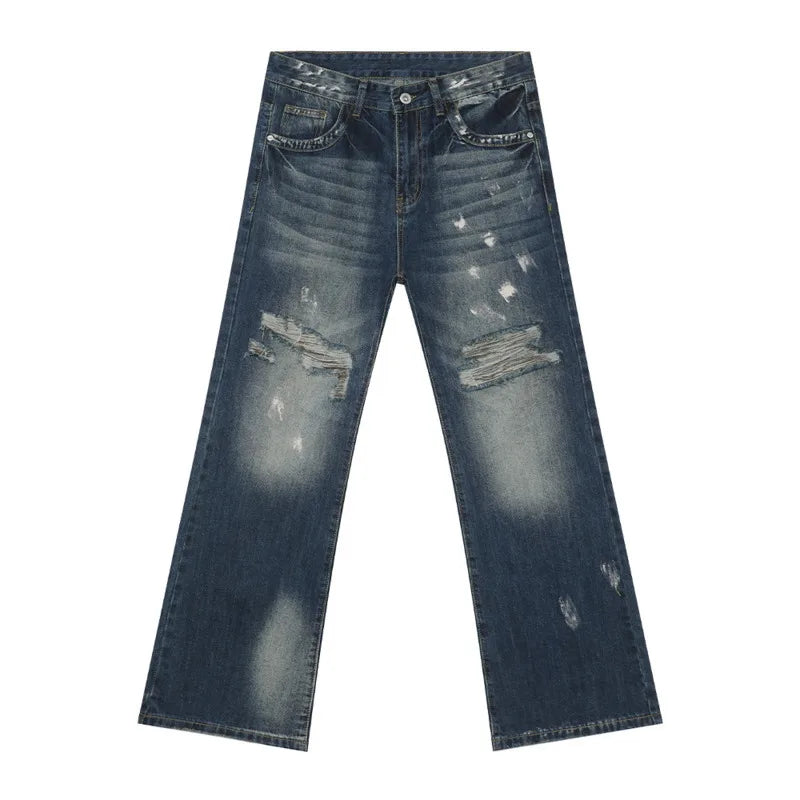 American Style Men's Distressed Tie-Dye Bootcut Jeans - Wide Leg Straight Denim Pants for Casual Wear | Perfect for Street Style & Everyday Outfits