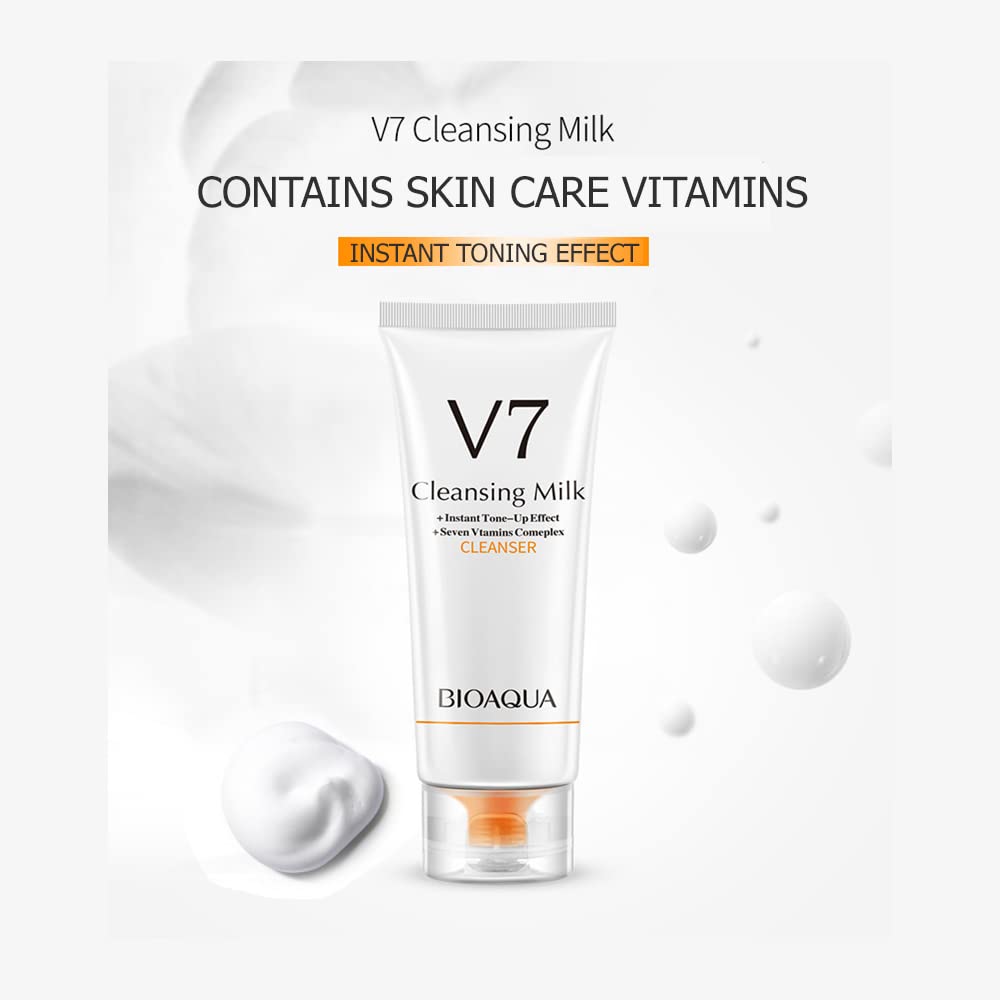 BIOAQUA V7 Deep Hydration Facial Cleanser - 100g/3.53oz Moisturizing Milk Cleanser with 7 Vitamins for Smooth Skin | Gentle Daily Face Wash for Dry & Sensitive Skin | Perfect for Morning & Night Skincare Routine