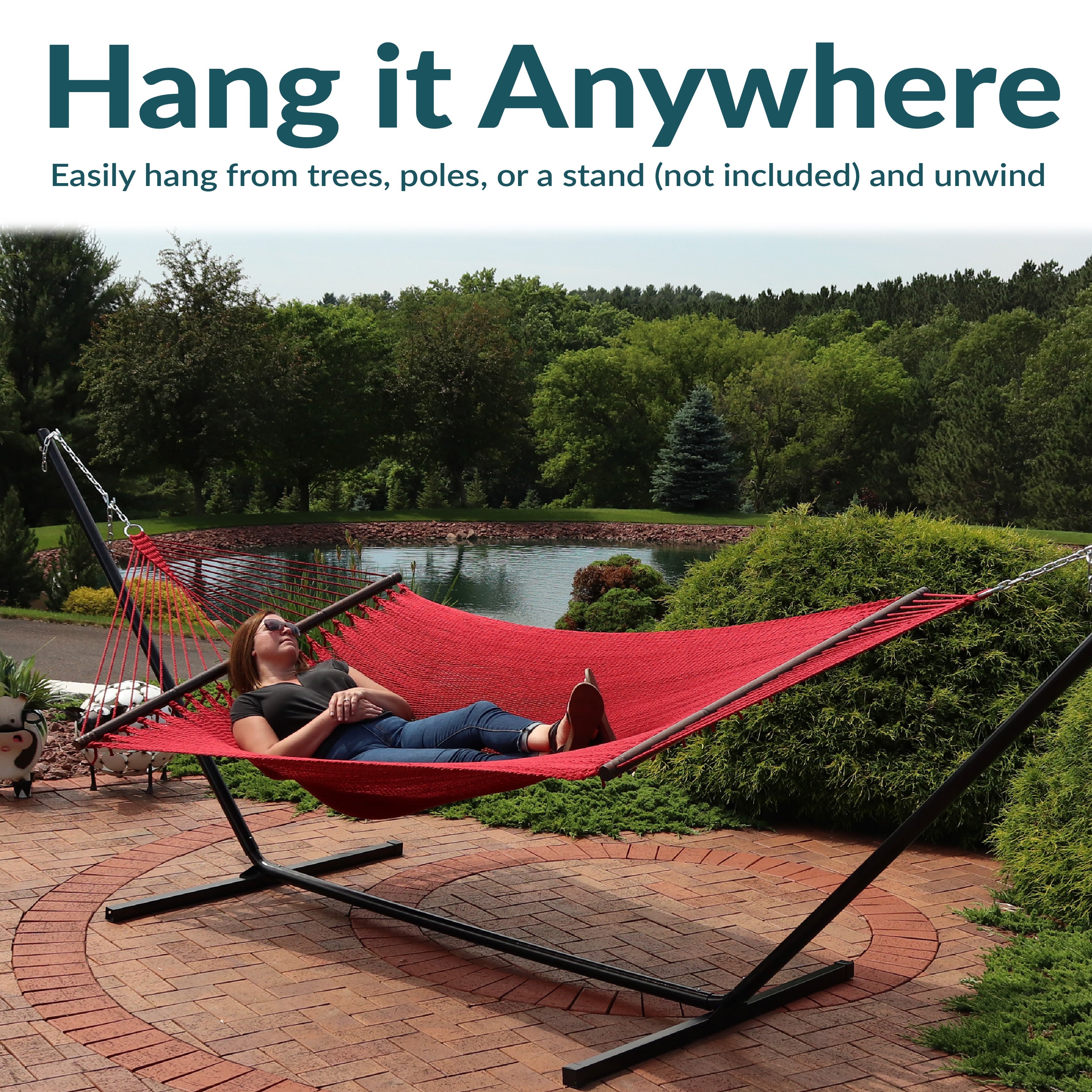 Sunnydaze Large 2-Person Polyester Rope Hammock with Spreader Bars - Durable Outdoor Hanging Bed for Backyard, Patio, Beach & Camping Relaxation