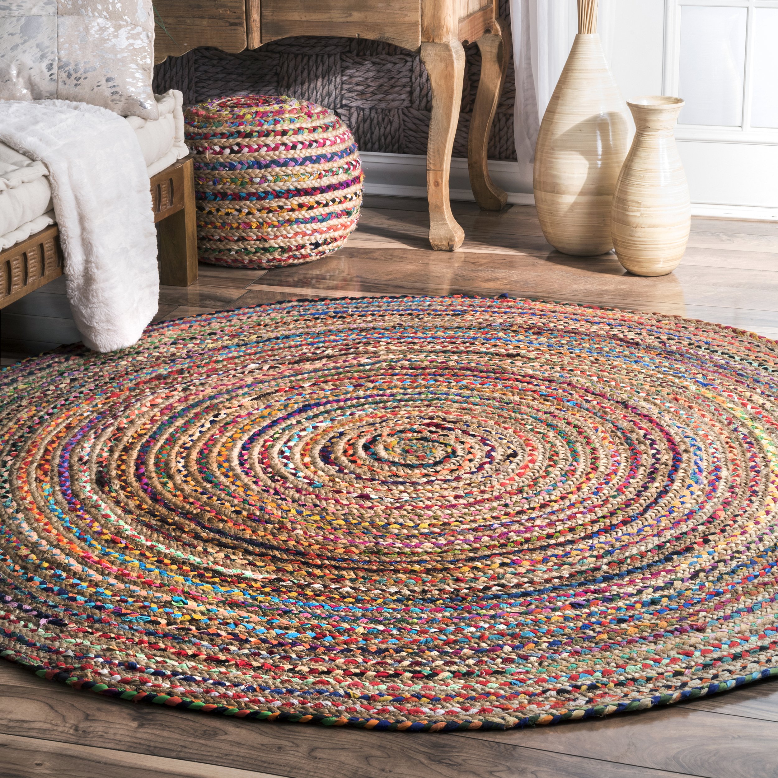 nuLOOM 8' Round Bohemian Hand Braided Area Rug - Vibrant Colors, Handcrafted in India, Medium Pile, Aleen Multi - Perfect for Boho Living Rooms, Bedrooms & Dorm Decor