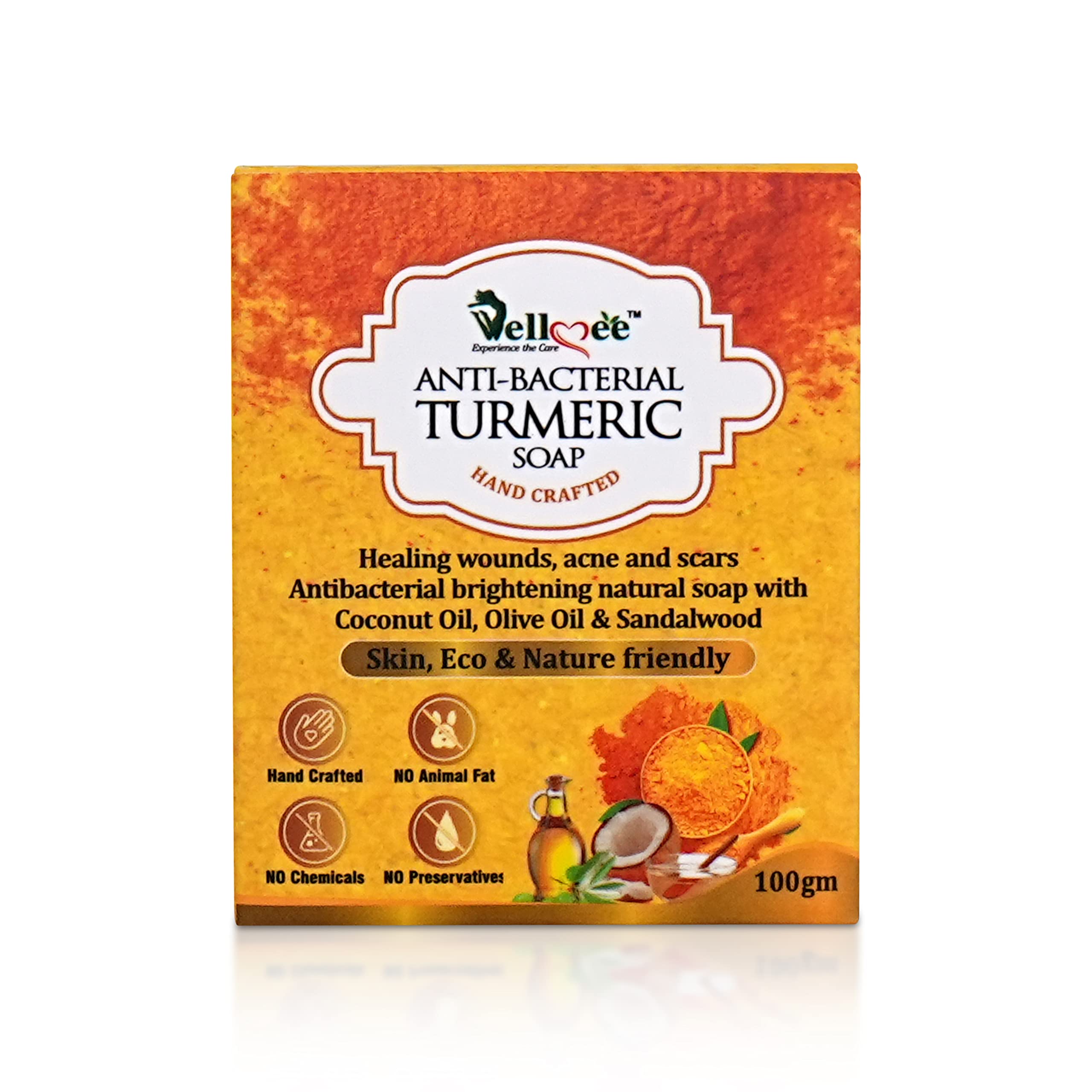 WELLMEE Anti-Bacterial Turmeric Handmade Soap with Coconut Oil & Olive Oil - Natural Brightening, Acne Treatment & Scar Healing Soap (100g) - Perfect for Daily Skincare & Wound Care