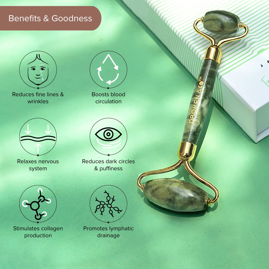 Dromen & Co Jade Facial Roller - Natural Jade Stone Face Massager for Reducing Fine Lines & Wrinkles | Gua Sha Alternative for Skincare Routine | Perfect for Morning & Night Facial Massage, Stress Relief & Lymphatic Drainage