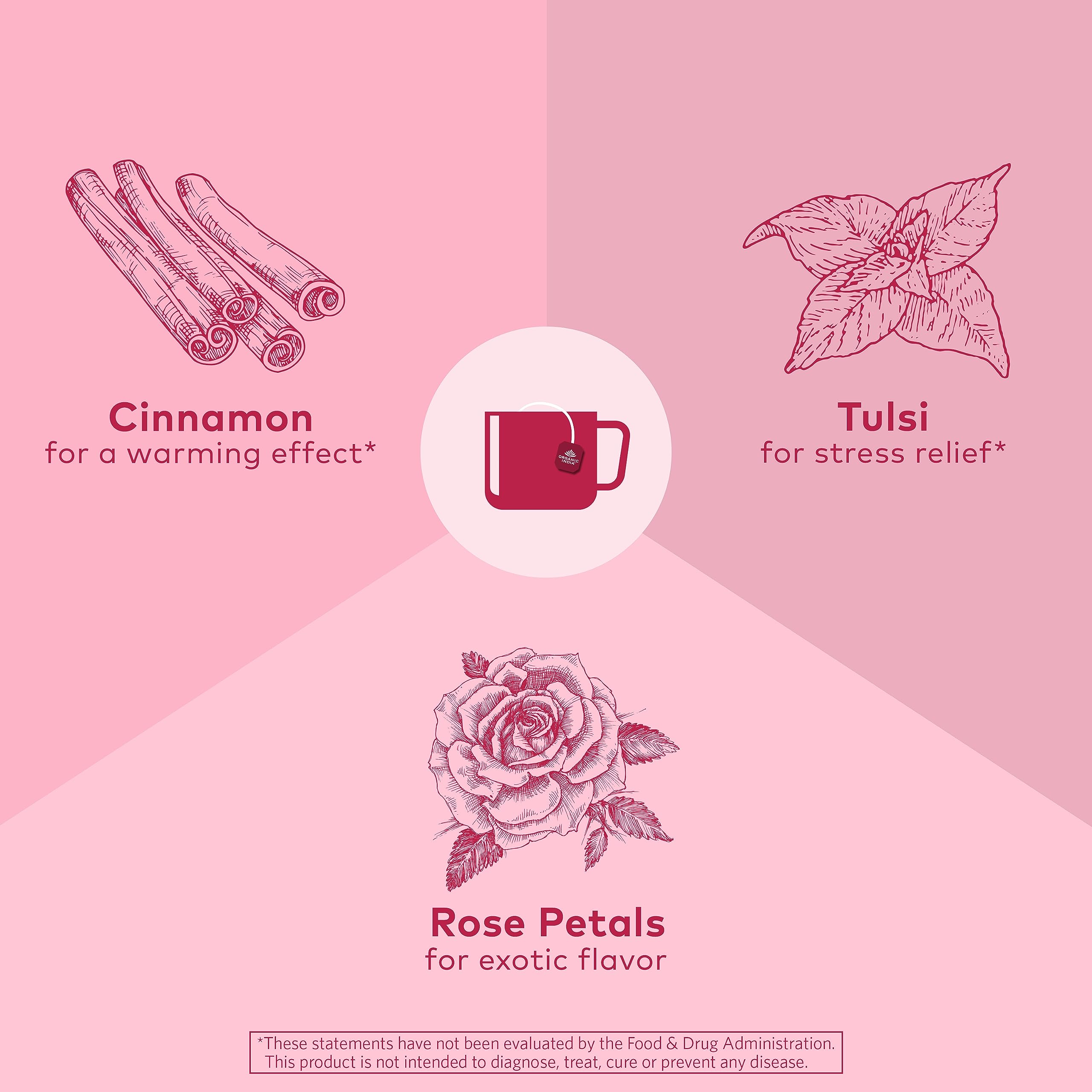 ORGANIC INDIA Tulsi Cinnamon Rose Herbal Tea Bags - Caffeine Free Holy Basil Tea with Chamomile & Rose - 18 Infusion Bags (3 Pack) - Perfect for Relaxation, Stress Relief & Evening Tea Time