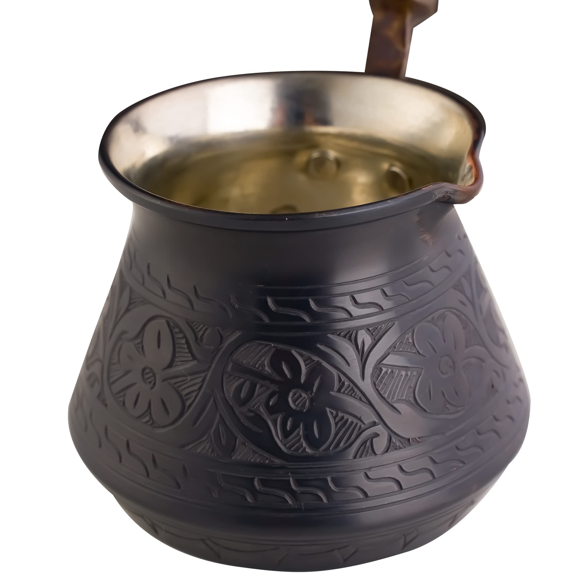 BCS 12 Oz Copper Turkish Greek Arabic Coffee Pot with Wooden Handle - Traditional Cezve Ibrik Briki Stovetop Coffee Maker for 4 Servings - Includes Free Wooden Spoon - Perfect for Home Brewing, Camping & Gift Giving