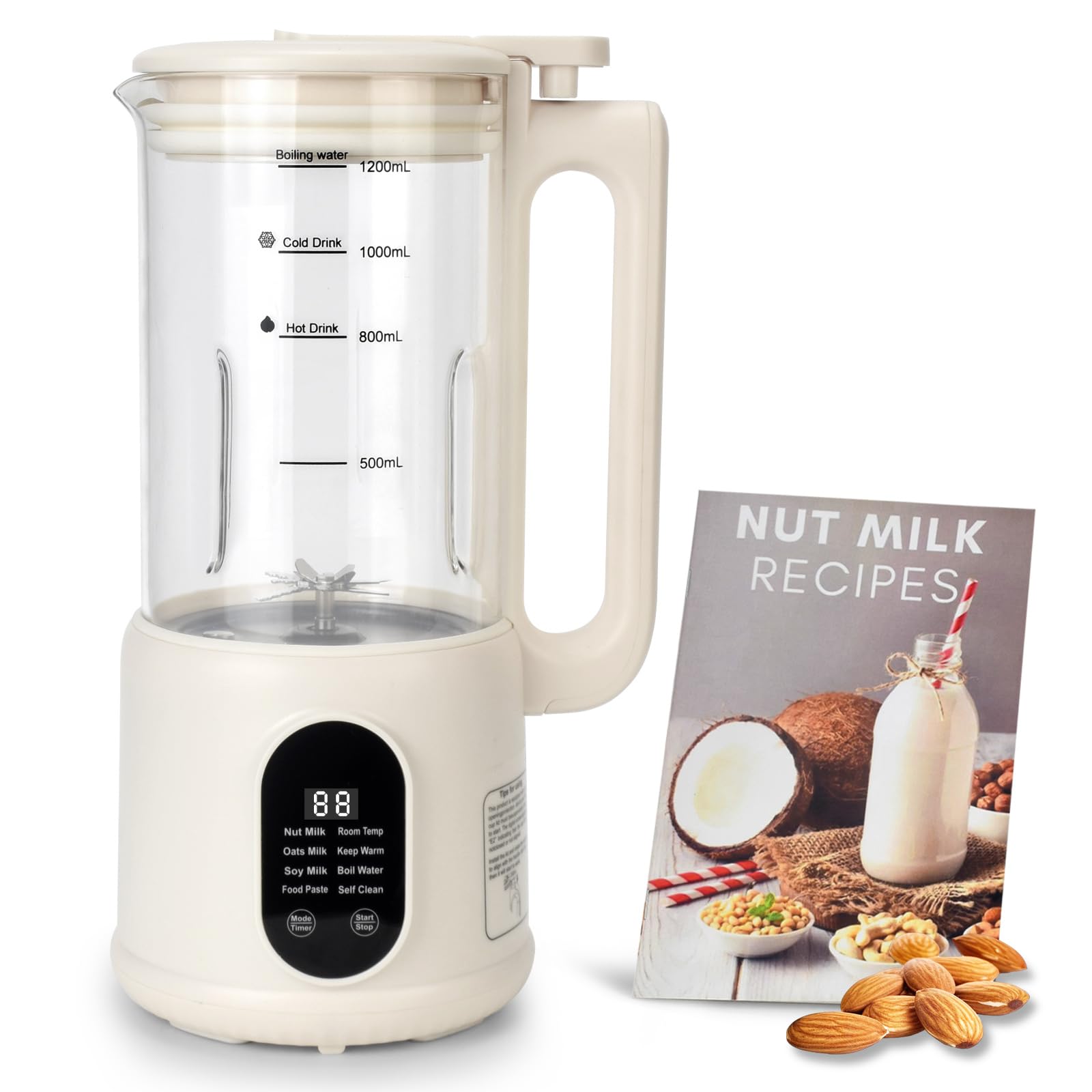 Automatic Nut Milk Maker - 8-in-1 40oz Soy Milk Machine for Homemade Almond, Oat, Coconut & Plant-Based Milk | 12H Timer, Auto-Clean, Keep Warm, Boil Function | Quiet Non-Dairy Beverage Maker for Healthy Breakfast, Vegan Recipes & Lactose-Free Diets