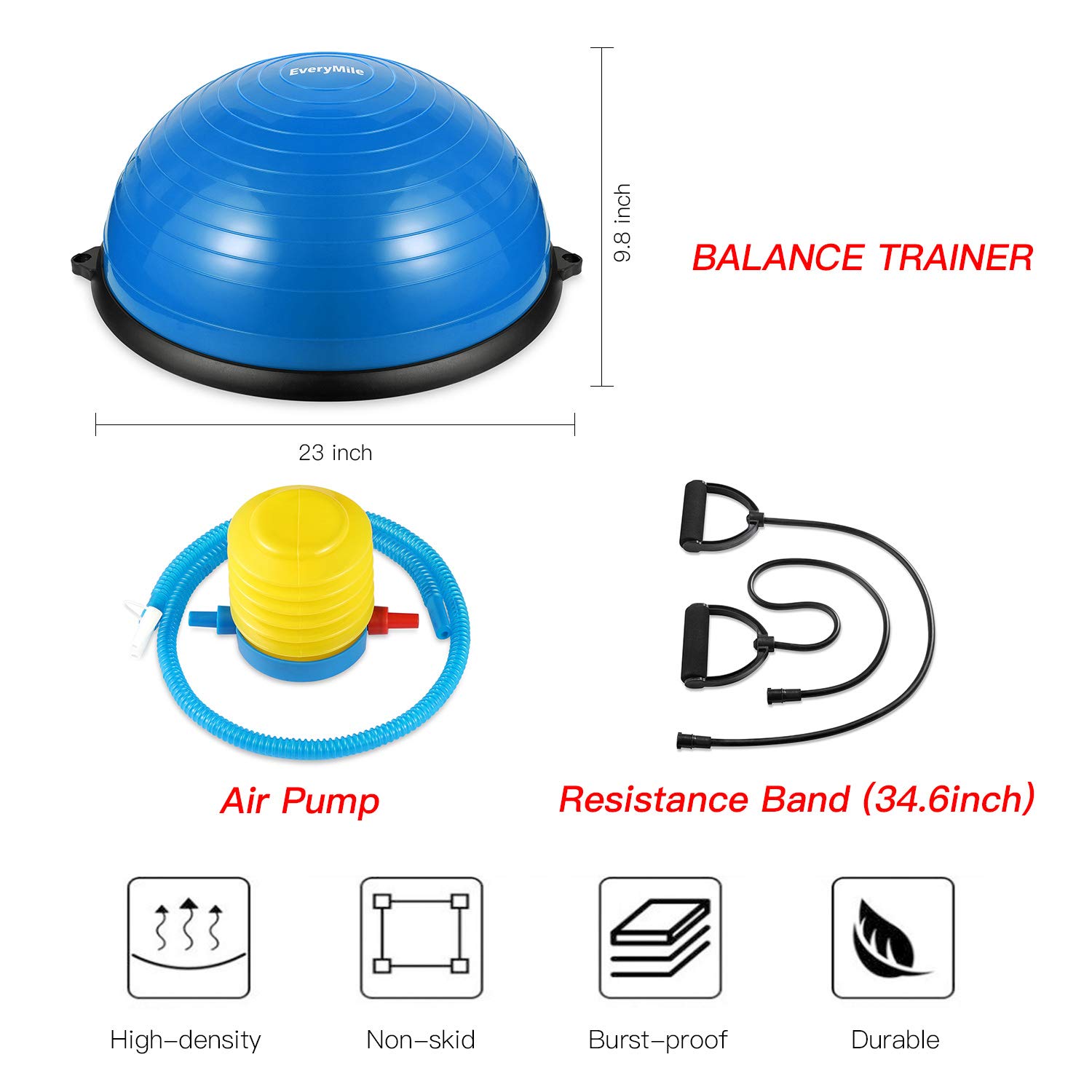 EVERYMILE 23.6 Inch Anti-Skid Balance Ball Trainer with Resistance Bands & Pump - Stability Yoga Exercise Ball for Core Training, Home Gym Workouts | Perfect for Pilates, Physical Therapy & Office Chair Replacement