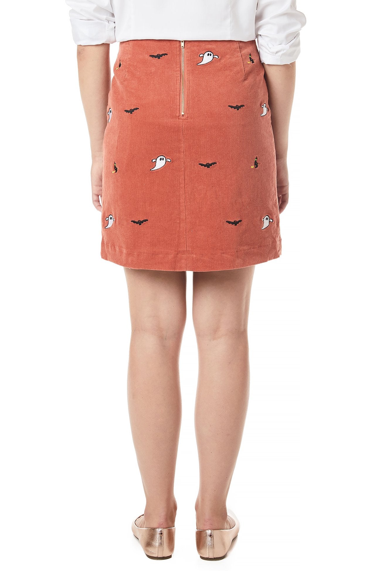 Stylish Corduroy Skirt in Nantucket Red with Ghost Bat & Witch Design - Perfect for Halloween Costumes & Autumn Fashion Outfits