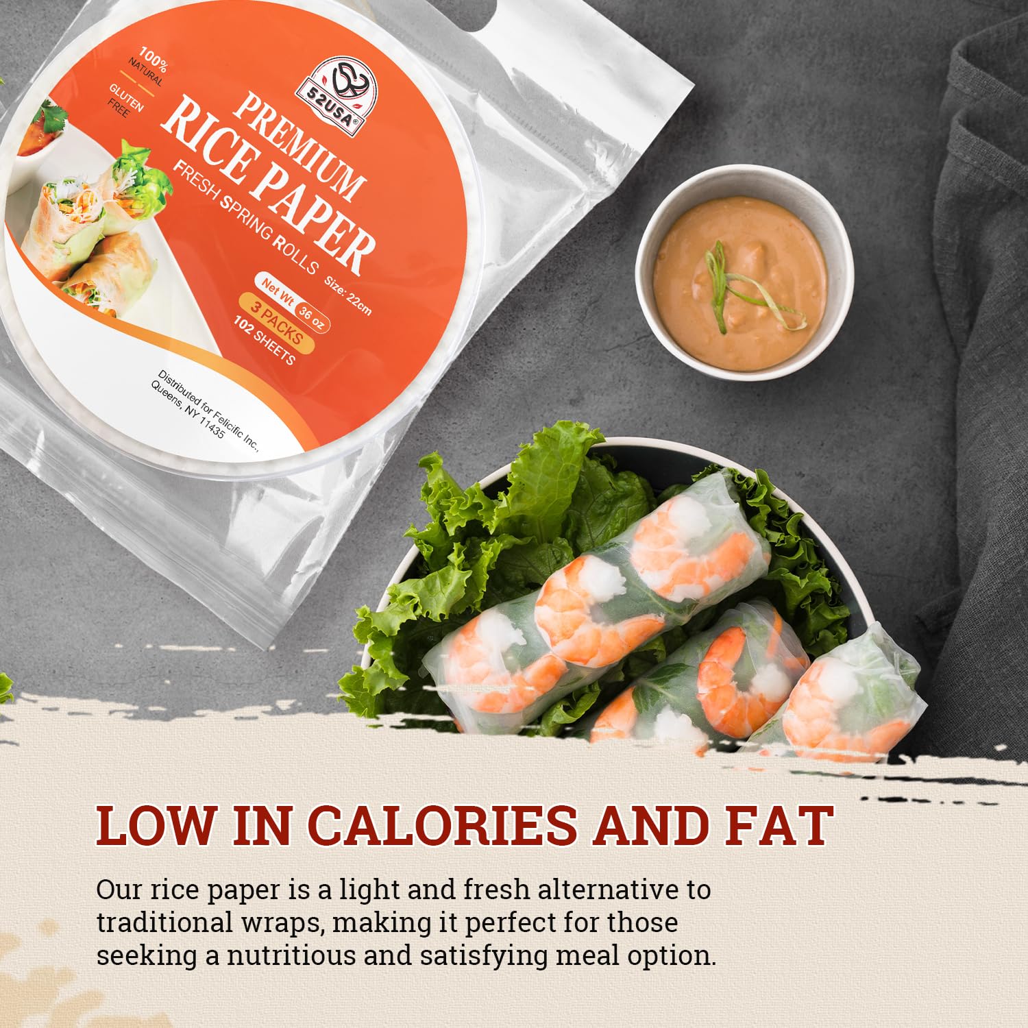 52USA Rice Paper Wrappers - 3 Pack (102 Sheets) | Gluten-Free, Vegan, Low Carb Spring Roll & Dumpling Wraps | 22cm Round Vietnamese Rice Paper for Fresh Rolls, Wontons & Asian Cuisine | Perfect for Home Cooking, Meal Prep & Healthy Snacks