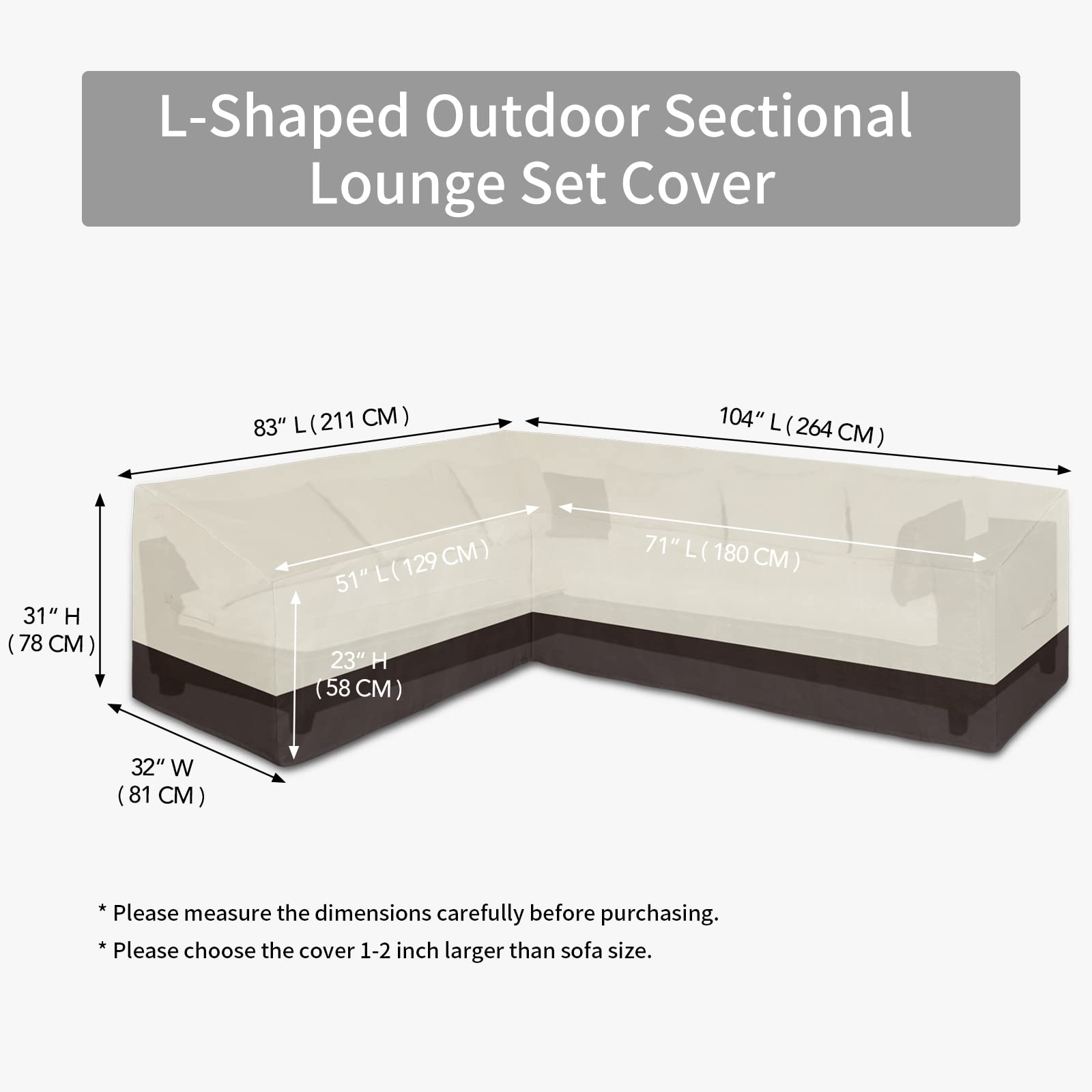 Waterproof L-Shaped Patio Sectional Sofa Cover - Heavy Duty Outdoor Furniture Protector with Air Vents (Left Facing, Beige/Dark Brown) - Perfect for Garden, Deck & Backyard Use