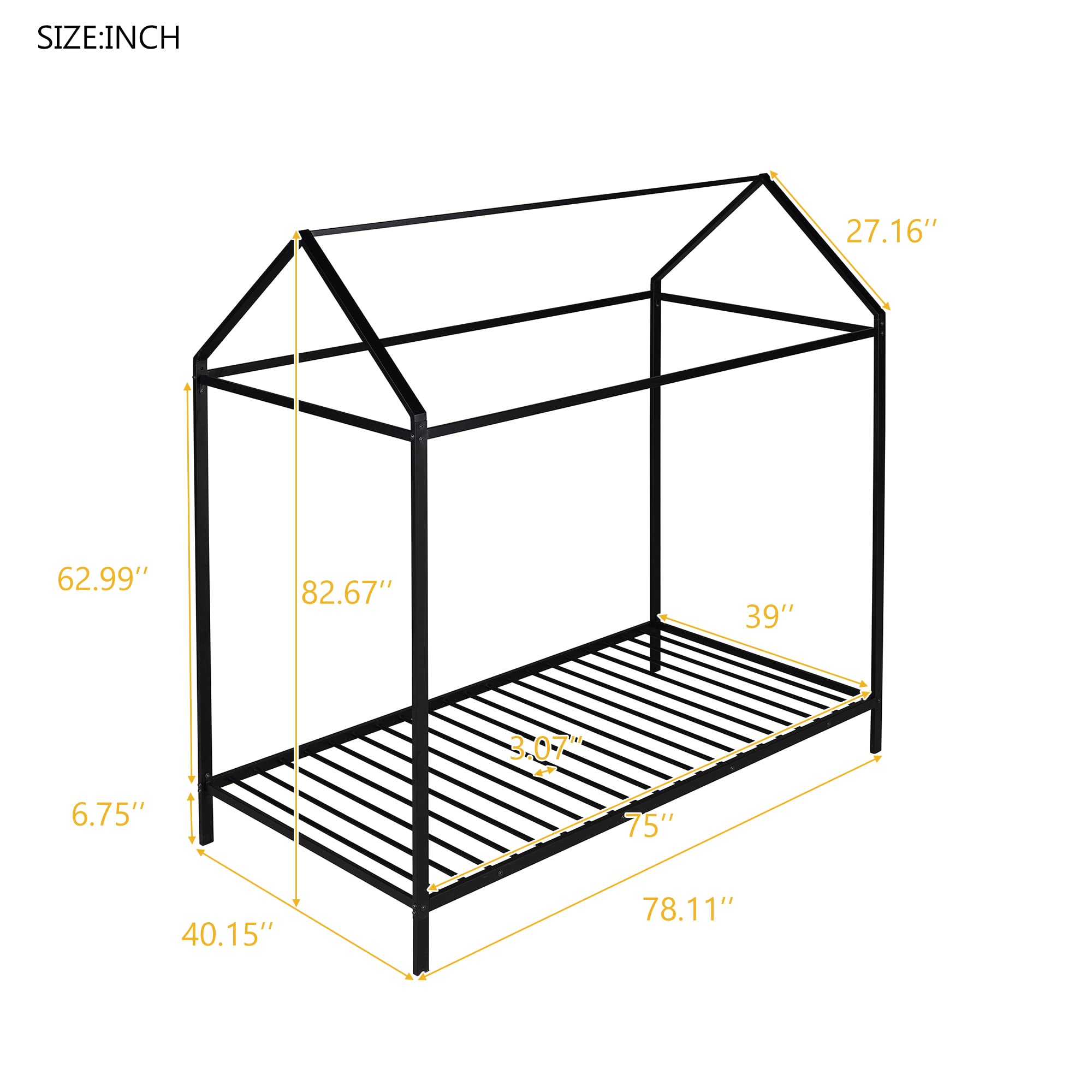 Merax Twin Size Metal House Bed Frame with Roof - Sturdy Platform Bed for Kids, No Box Spring Needed, Black - Perfect for Boys & Girls Bedrooms, Playrooms & Cozy Reading Nooks