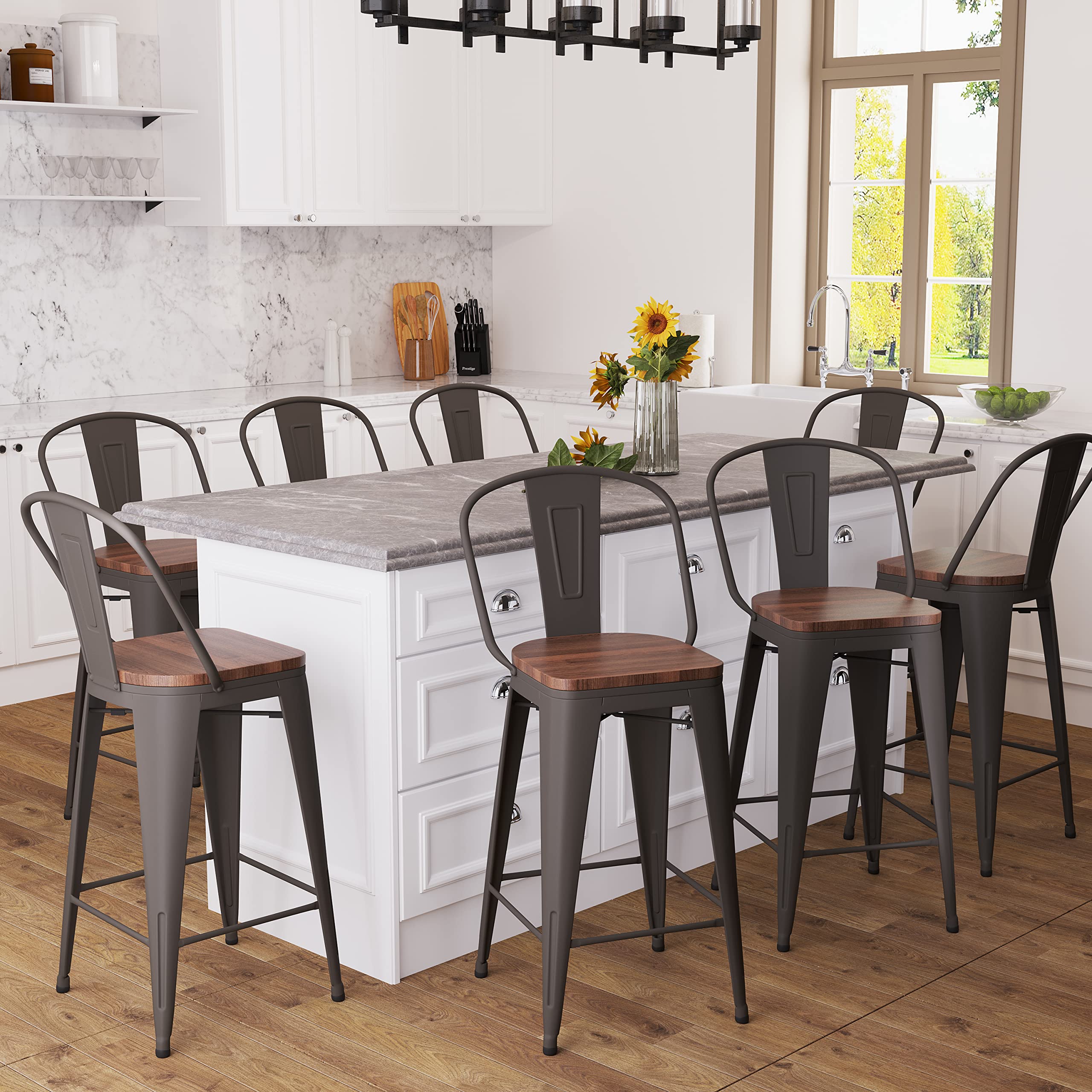 AKLAUS 30 Inch Metal Bar Stools Set of 4 - Rustic Farmhouse Bar Height Stools with Back Support & Wide Seat - Modern Kitchen & Dining Chairs for Home, Cafe, Restaurant & Bar Use