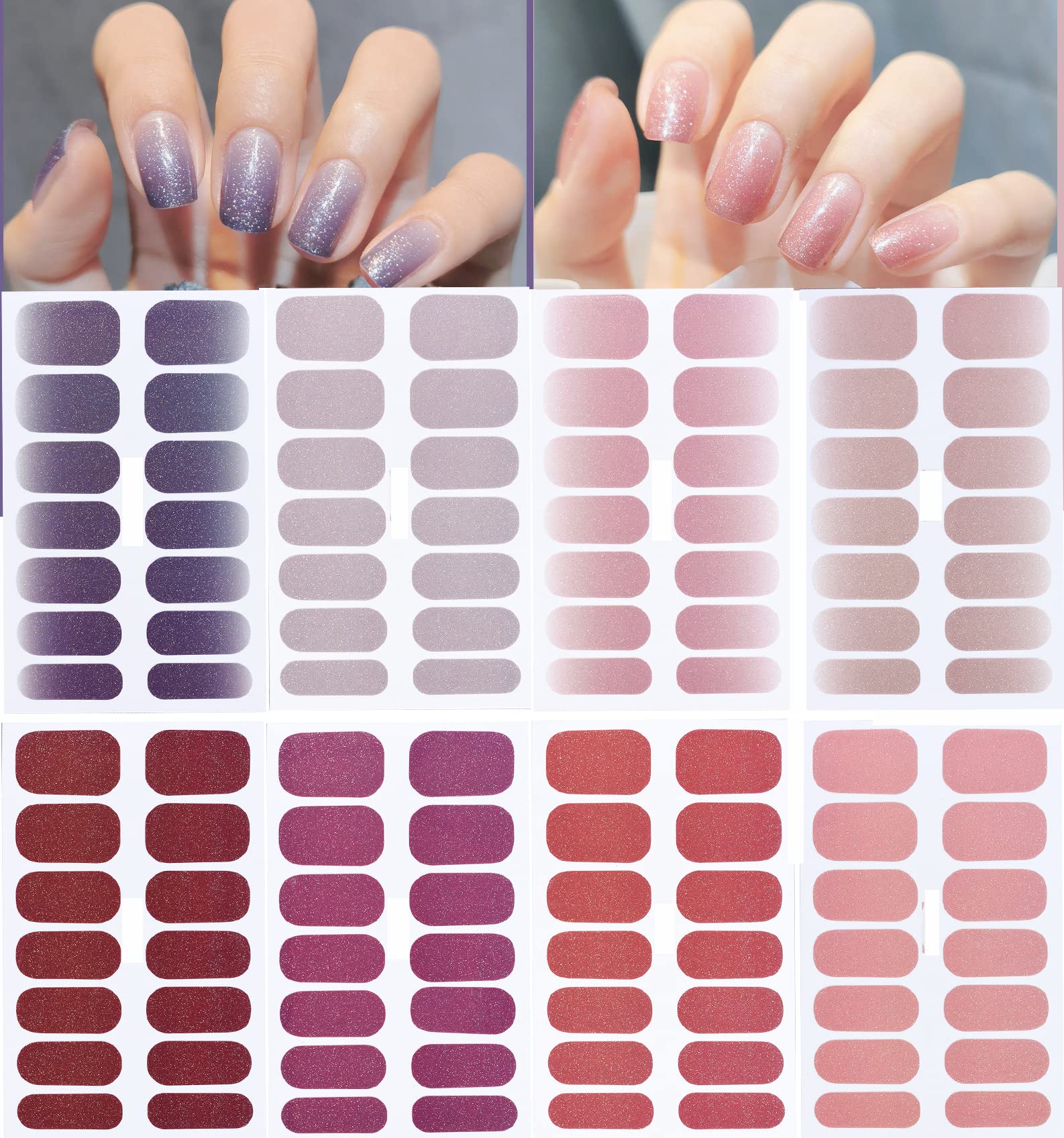 112 Pieces Self-Adhesive Nail Polish Stickers - Full Wrap Nail Strips with 8 Gradient Purple Designs, Shiny Gel Nail Art Decals for Women & Girls | Includes Nail File | Perfect for Manicures, Parties, Weddings & DIY Nail Art