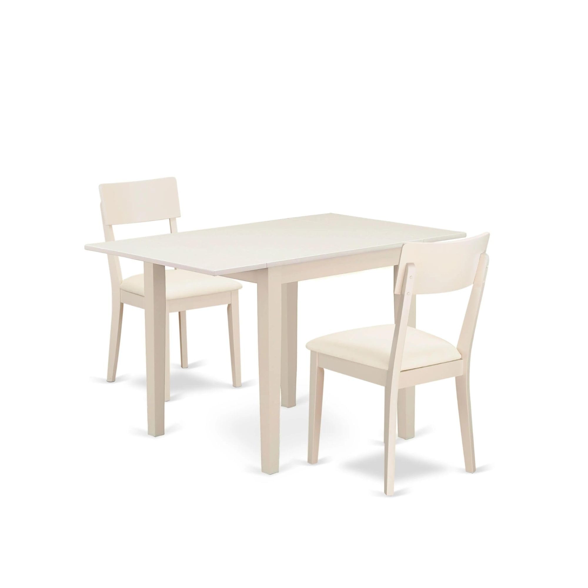 East West Furniture 3 Piece Dining Room Set - Rectangle Drop Leaf Table & 2 Faux Leather Chairs, 30x48 Inch, Linen White | Modern Small Space Dining Solution for Apartments, Breakfast Nooks & Cozy Kitchens