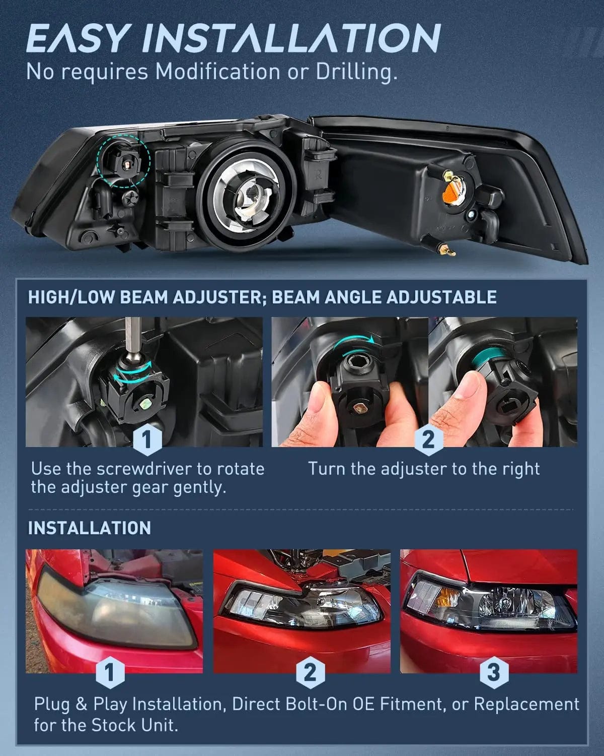 1999-2004 Ford Mustang Headlight Assembly - Black Housing with Clear Reflector - Replacement Headlights for Improved Night Driving & Style Upgrade