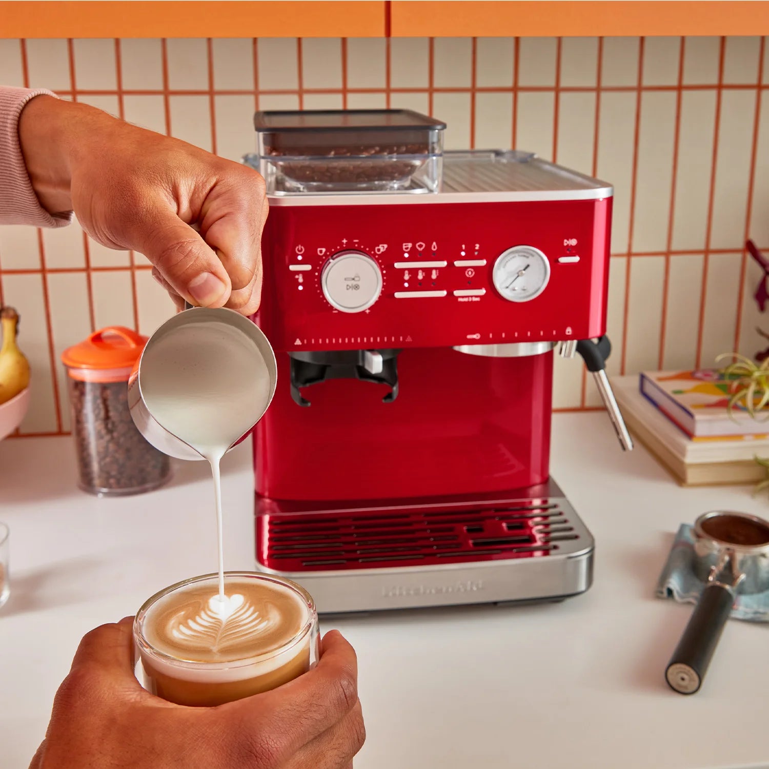 KitchenAid KES6551CA Semi-Automatic Espresso Machine in Candy Apple Red - Perfect for Home Baristas & Coffee Lovers | Compact Countertop Design for Small Kitchens & Office Use