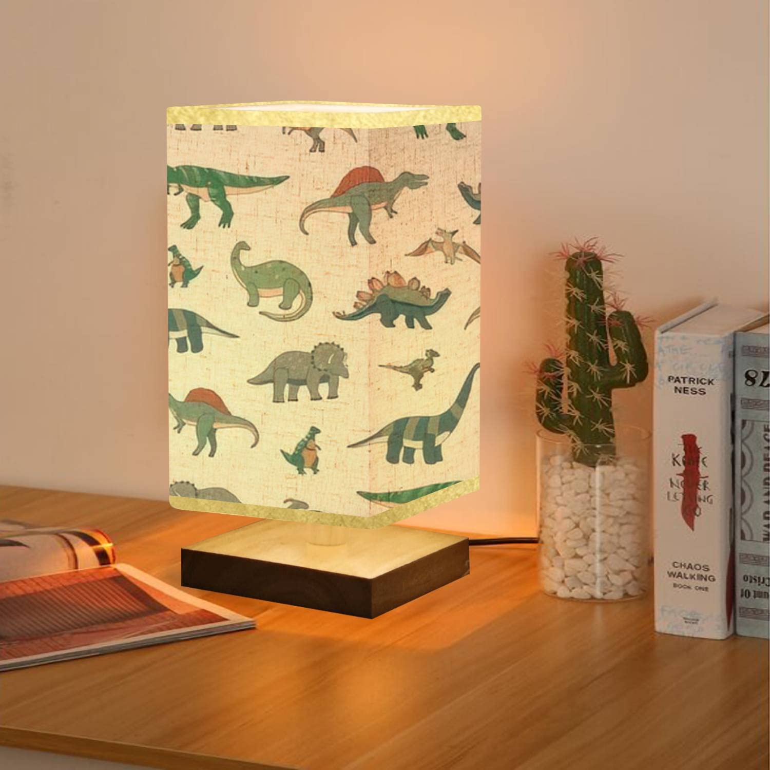 Dimmable Square Bedside Table Lamp with Dinosaur Cartoon Design - Wooden Base & Flaxen Fabric Shade for Bedroom, Living Room, Nursery | Perfect Nightstand Lamp for Kids' Room, Reading Nook & Cozy Spaces