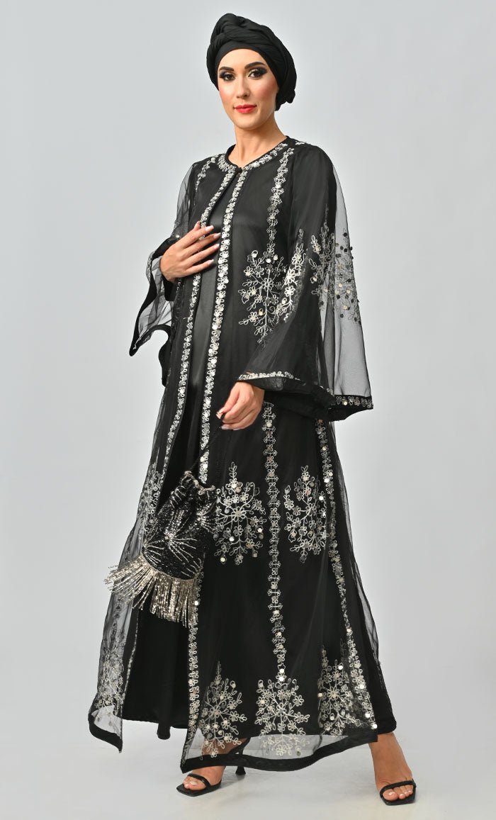 Elegant Black and Silver Embroidered Abaya Dress with Matching Hijab - Handcrafted Designer Islamic Clothing for Special Occasions & Modest Fashion