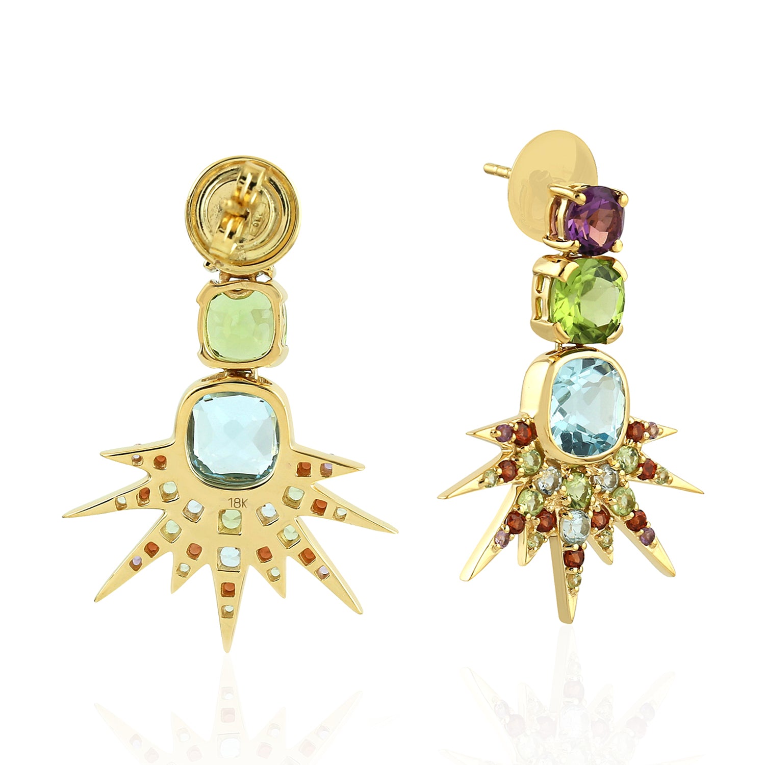 Blue Topaz Cushion Cut Peridot Prong Amethyst Garnet Gemstone Dangler Earrings in 14K Gold - Elegant Jewelry for Weddings, Parties & Special Occasions