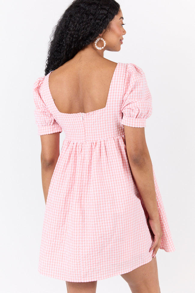 Strawberry Fields Pink Gingham Mini Dress - Floral Print Summer Dress for Women, Casual Sundress with Puff Sleeves | Perfect for Picnics, Beach Outings & Date Nights