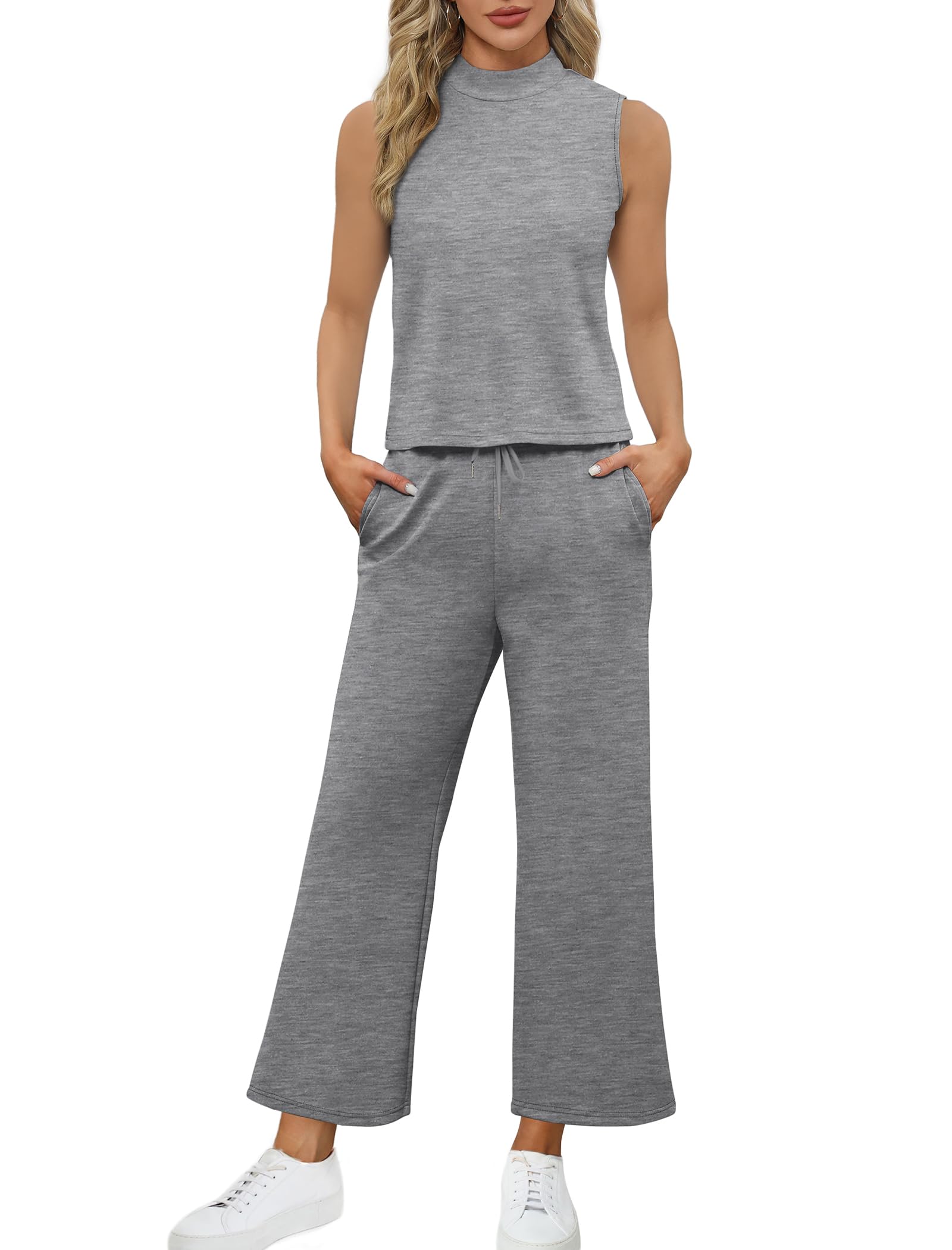 Women's Summer Two Piece Outfits - SAMPEEL Lounge Sets with Mock Neck Tops & Wide Leg Crop Pants | Casual Wear, Vacation Travel Clothes, Beach Outfits, Street Style Fashion