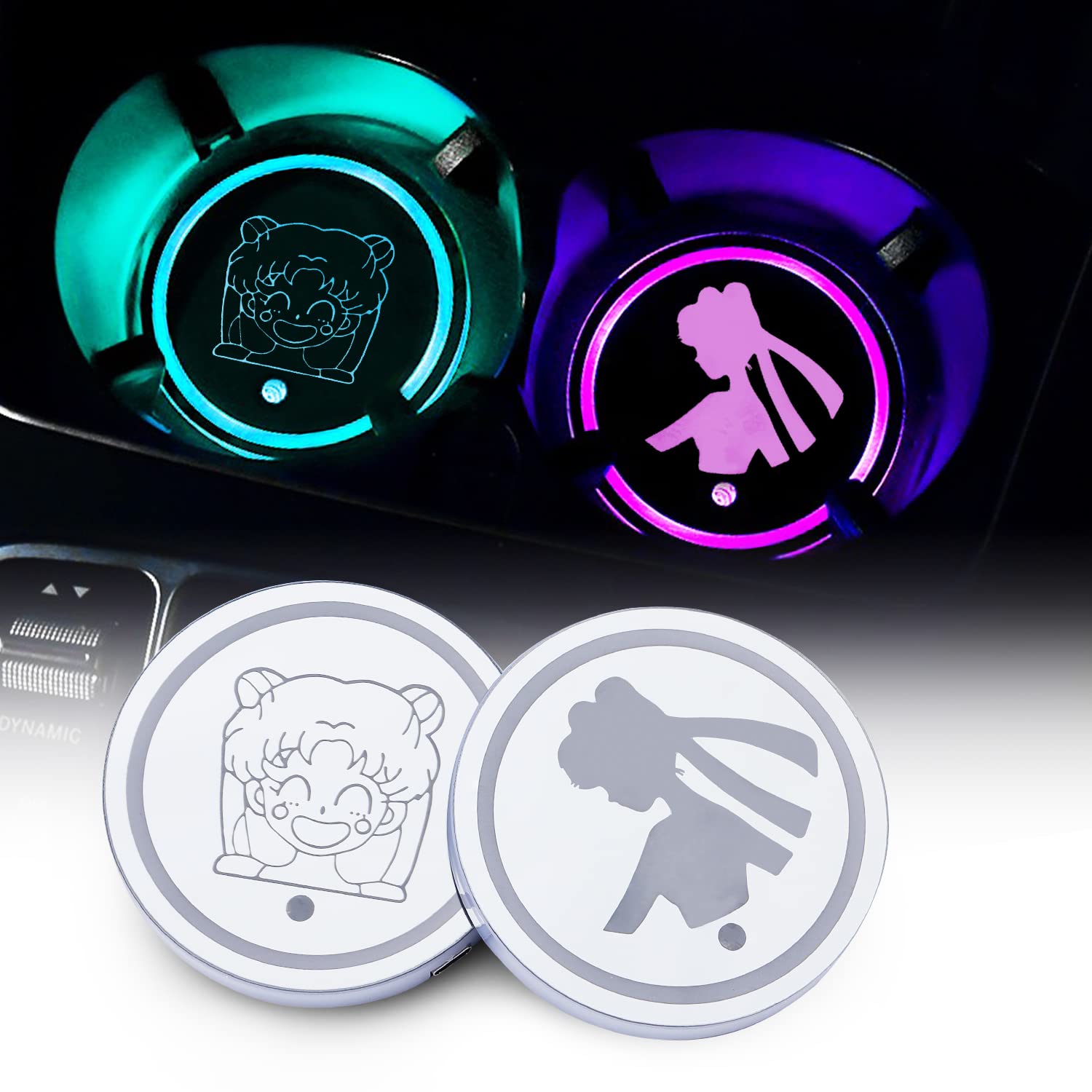 2 Pack LED Car Cup Holder Lights - 7 Color Changing Interior Ambient Lighting with USB Charging Pad & Glow Mat for Cars, SUVs, Trucks - Perfect for Night Driving & Interior Decoration