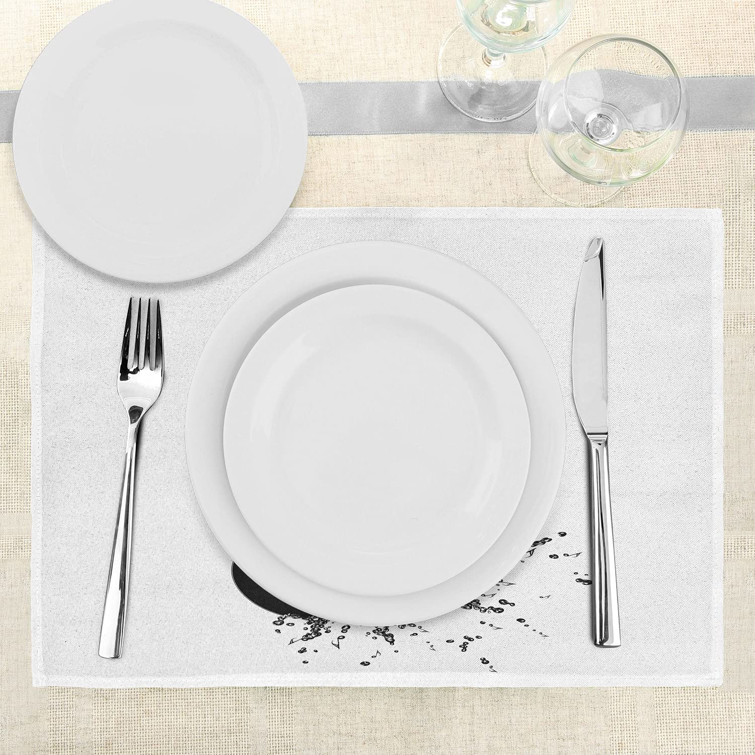 Ambesonne Guitar Placemats Set of 4 - Monochrome Acoustic Instrument Design with String Details, Washable Fabric Table Mats for Dining Room Decor (12x18 Inches, Black & White) - Perfect for Music Lovers, Dinner Parties & Themed Decorations