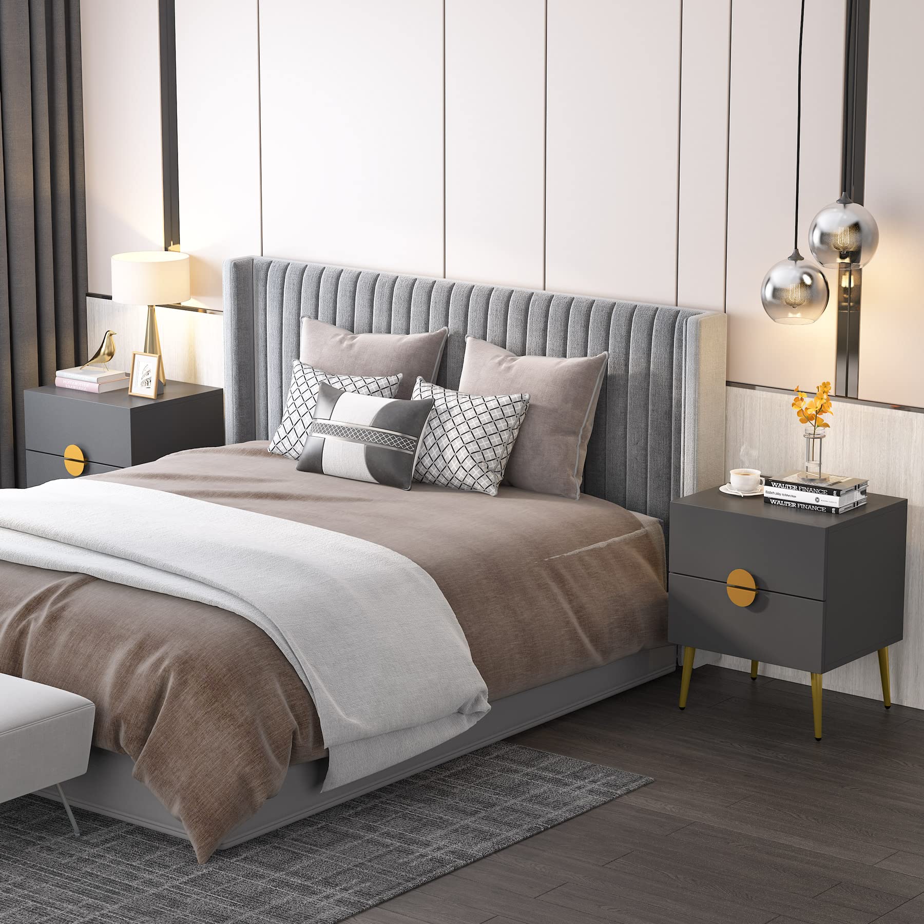 Tribesigns Mid-Century Modern Nightstand Set of 2 - 2 Drawer Bedside Tables with Champagne Metal Legs, End Tables for Bedroom - Perfect for Small Spaces & Guest Rooms