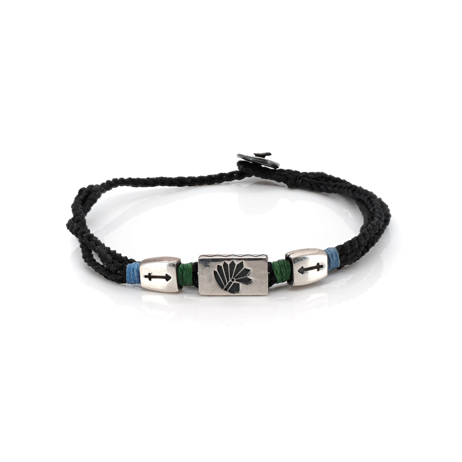 Sterling Silver Indian Chief Black Woven Lucky Bracelet for Men - Handmade Native American Style Jewelry - Perfect for Gifts, Spiritual Protection & Boho Fashion