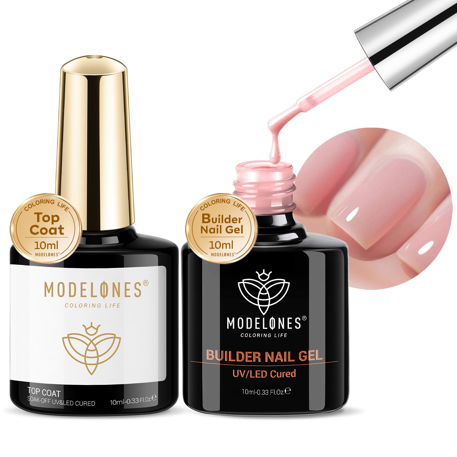 Modelones 8-in-1 Nude Pink Builder Gel with Acid-Free Top Coat - 10ml LED/Lamp Cured Nail Polish for Thickening, Apex Building & Shine Finish | Perfect for DIY Home Manicures & Professional Salon Nail Extensions