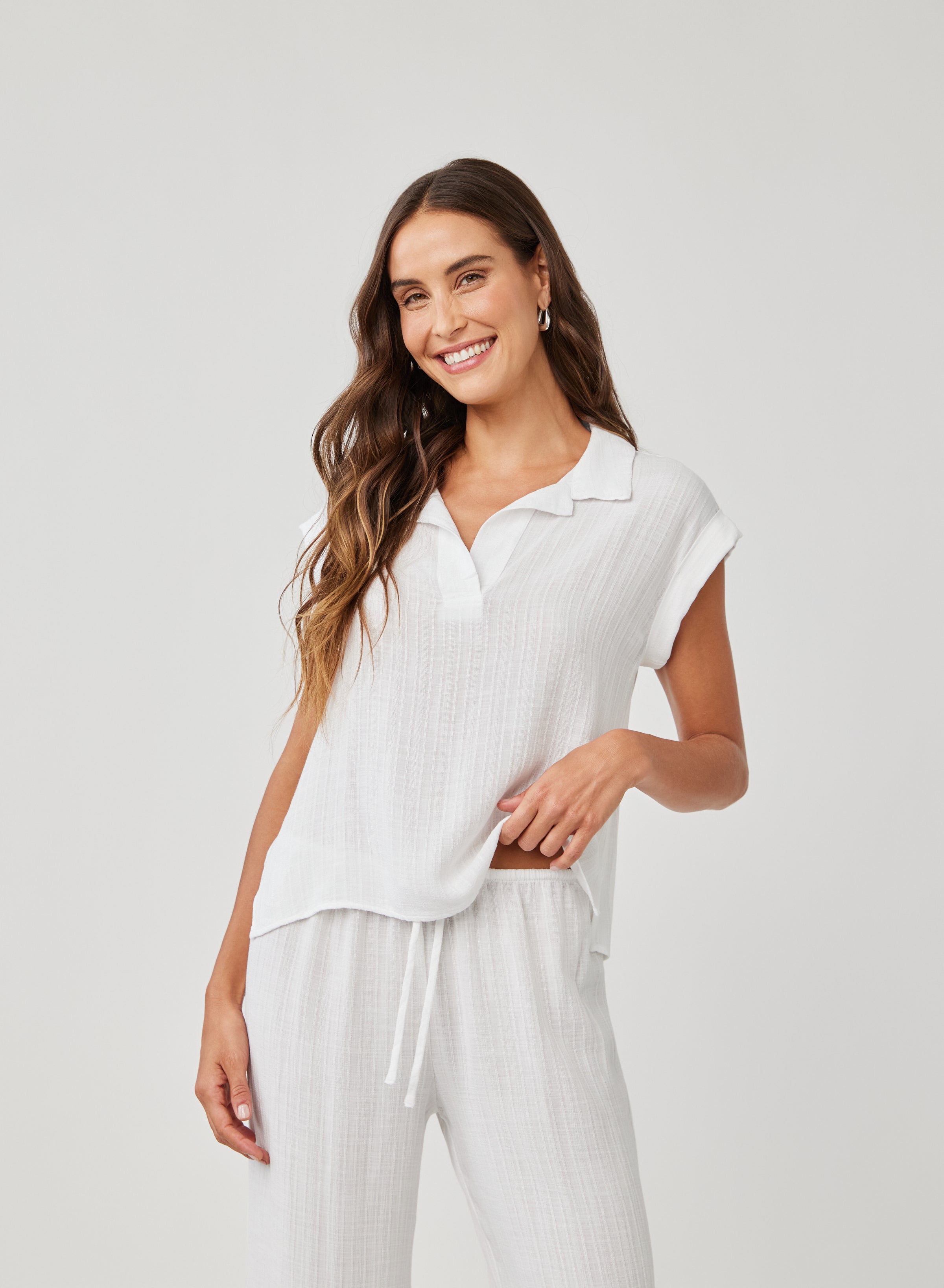 Basket Weave Stripe Cap Sleeve Henley Top for Women - Casual Summer T-Shirt for Outdoors, Travel & Everyday Wear