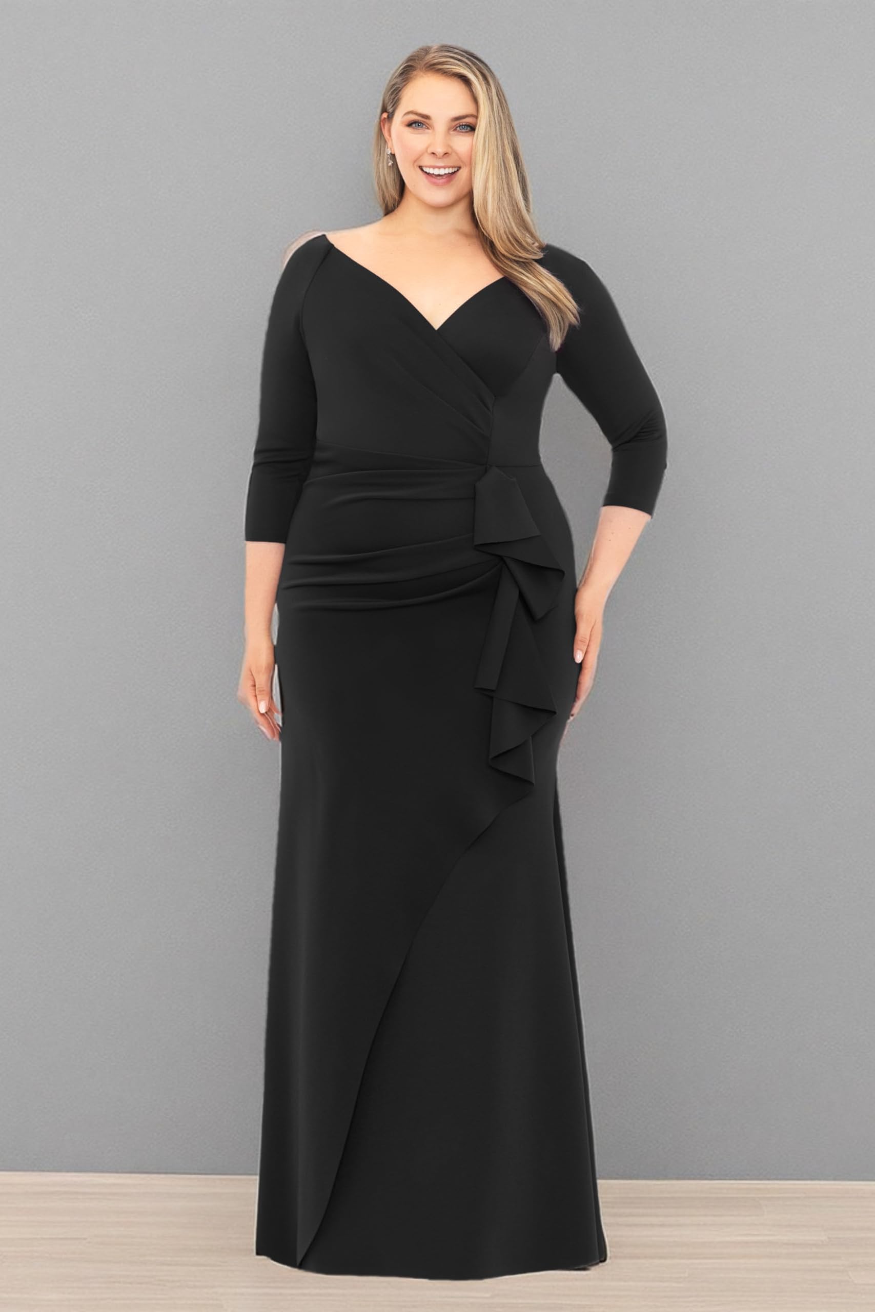 Xscape Women's Plus Size Long 3/4 Sleeve V-Neck Side Ruched Dress - Elegant Casual & Party Wear for Curvy Women | Perfect for Office, Date Night & Special Occasions