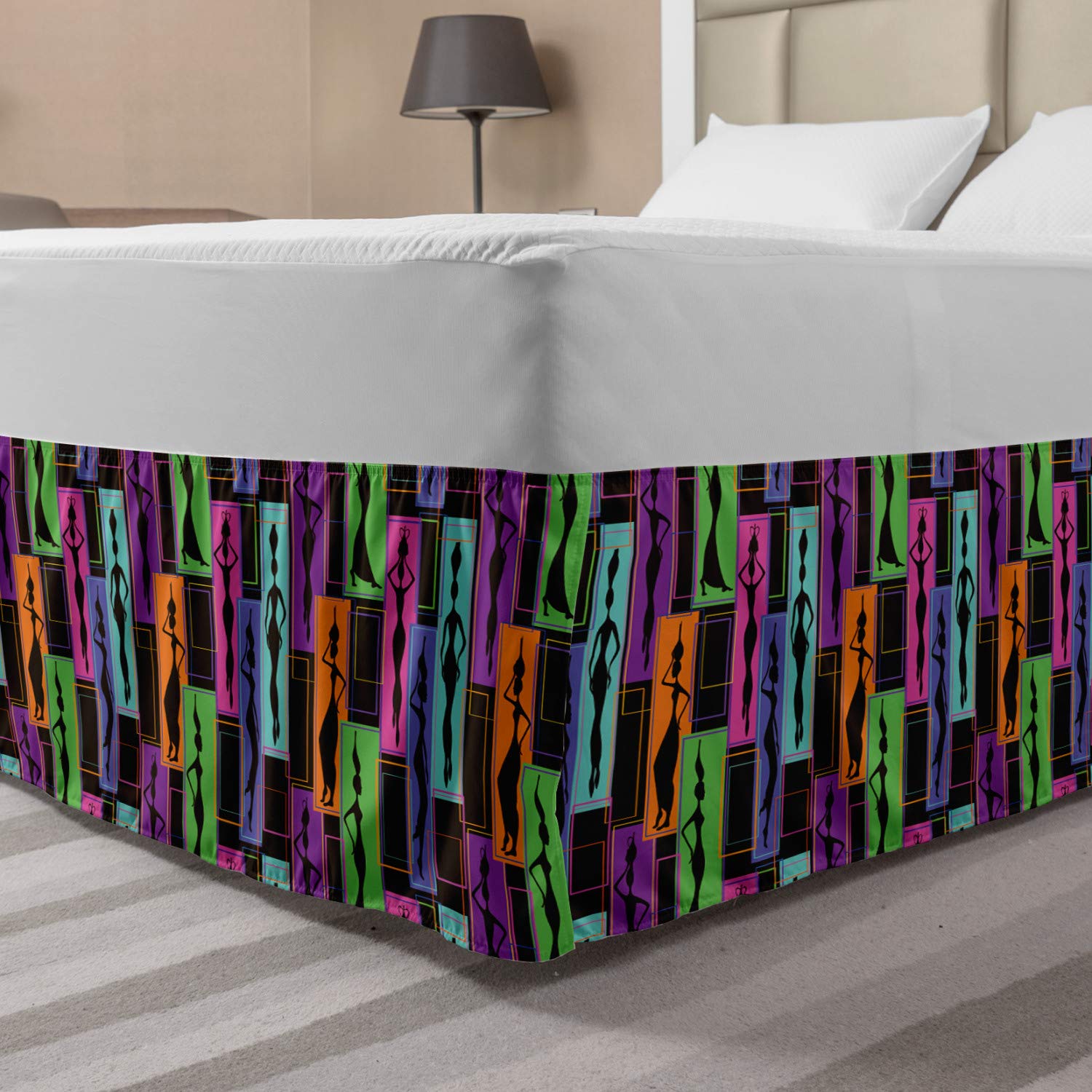 Ambesonne African Queen Size Bed Skirt - Colorful Abstract Geometric Pattern with Women Carrying Vases Design | Elastic Wrap Around Dust Ruffle for Bedroom Decor | Perfect for Bohemian, Ethnic & Eclectic Home Styling
