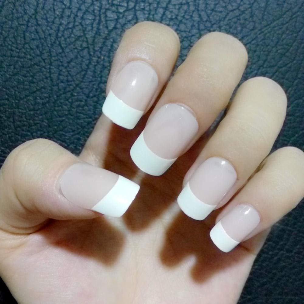 HUJL False Nails - French Classic Fake Nail Tips with Short Flat Top Design | 24pcs Full Coverage Natural Fake Nails for Manicure | Perfect for Daily Wear, Parties & Special Occasions