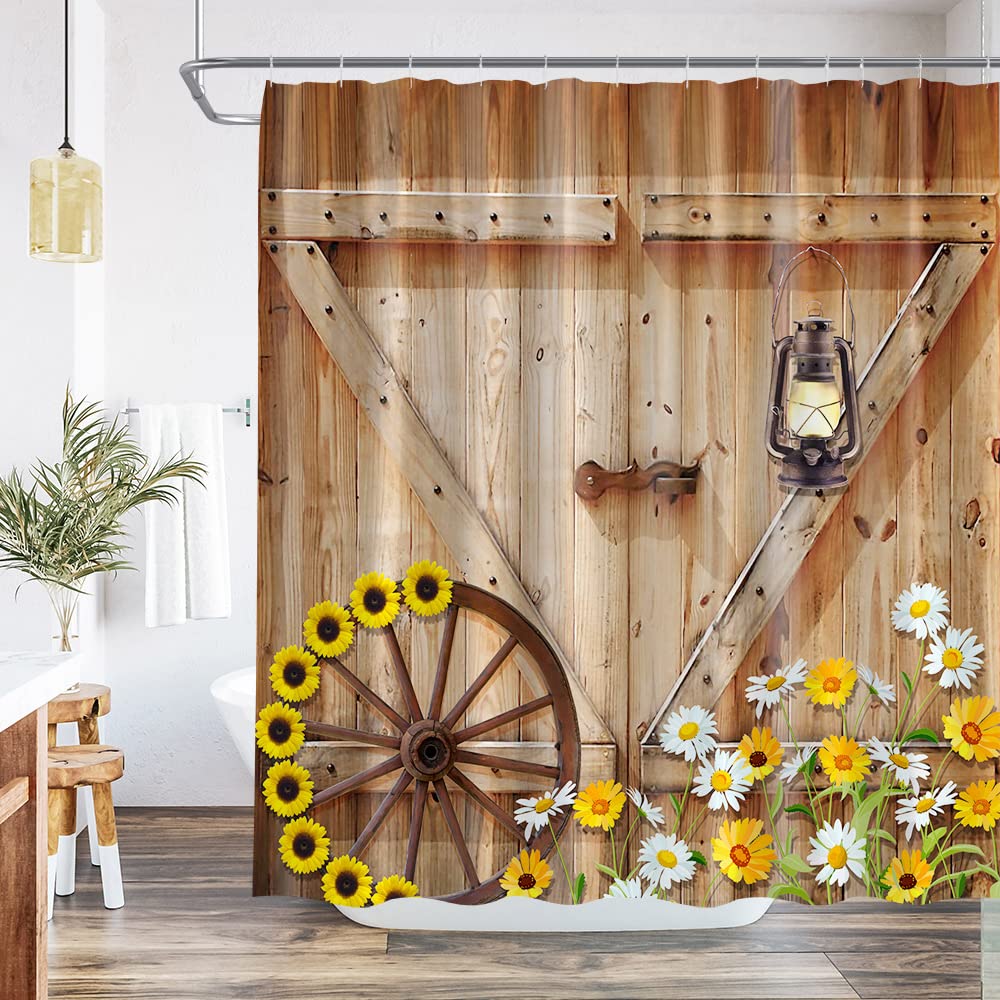 Rustic Barn Door Shower Curtain - Farmhouse Wood Plank Design Vintage Bathroom Decor Set with Hooks 84