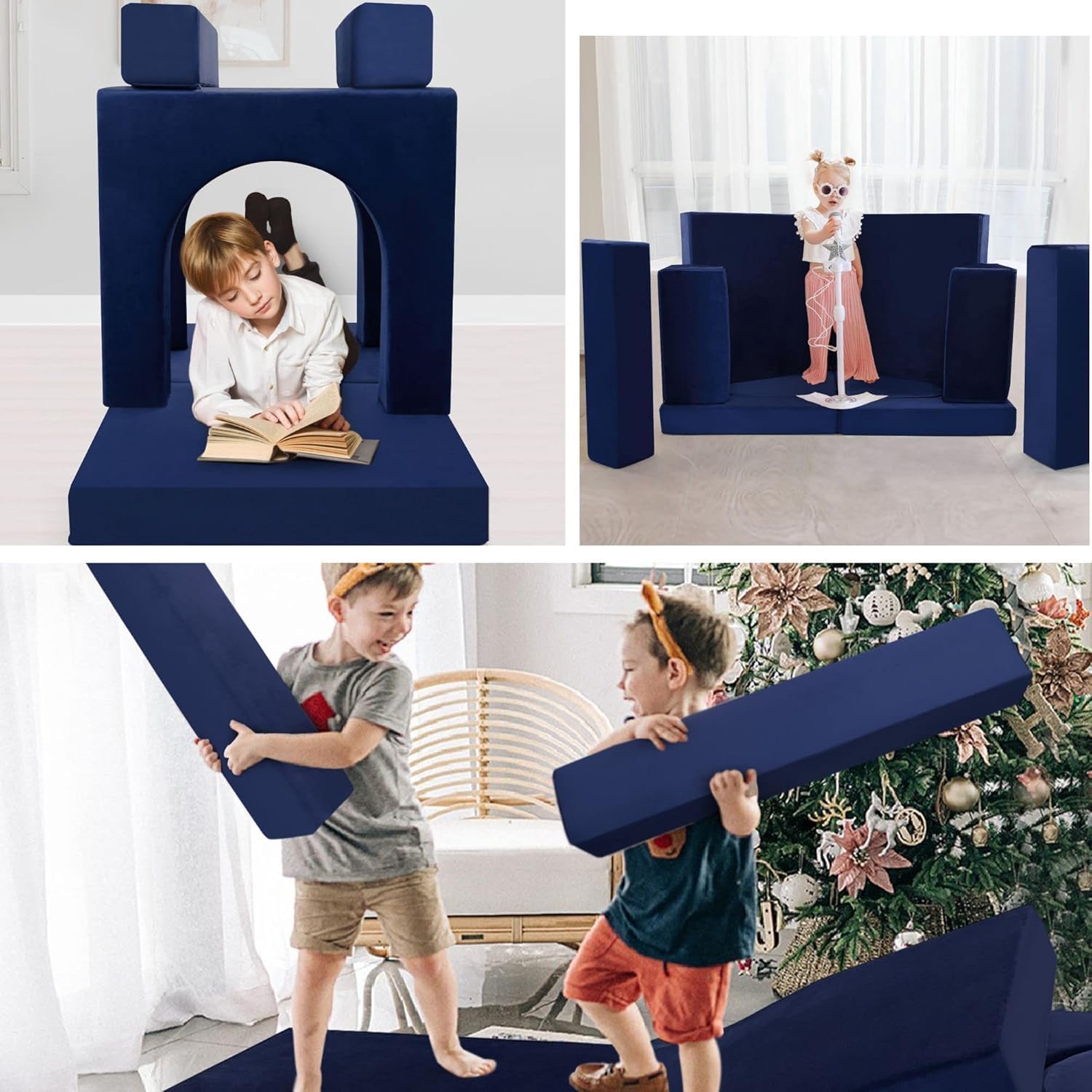 MeMoreCool Modular Kids Play Couch - 10 Piece Foam Lounge Sofa Set for Playroom & Toddler Bed | Navy Blue Block Couch for Boys & Girls | Perfect for Playrooms, Daycare Centers & Kids Bedrooms