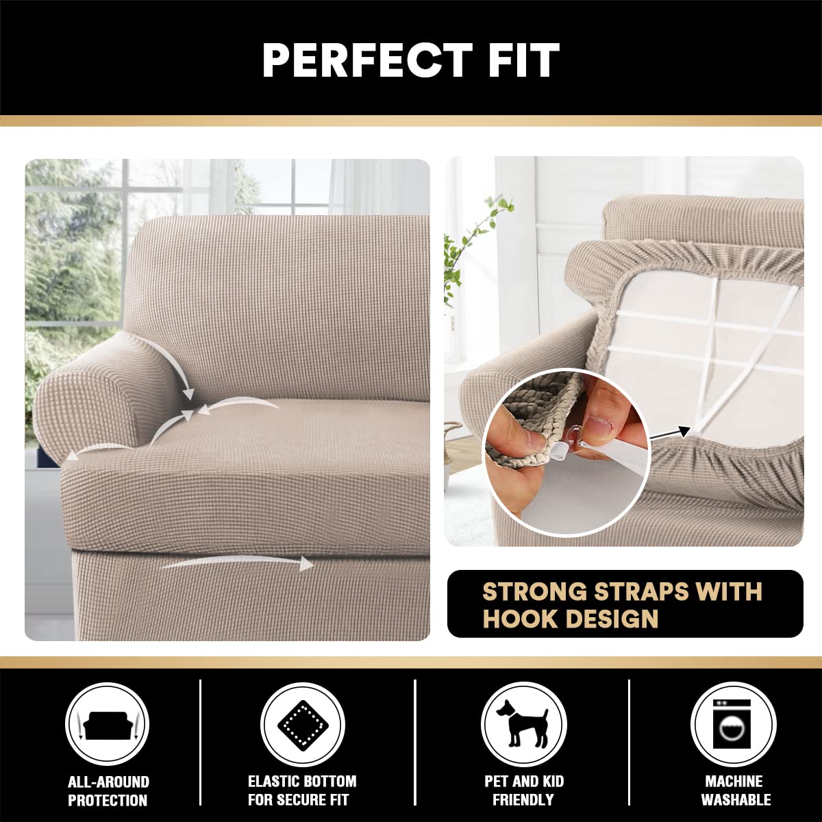 PrinceDeco 2-Piece Stretch Armchair Slipcover Set with T-Cushion Cover - Soft Furniture Protector for Living Room, Bedroom - Machine Washable Sand Color - Perfect for Sofa, Recliner & Accent Chairs