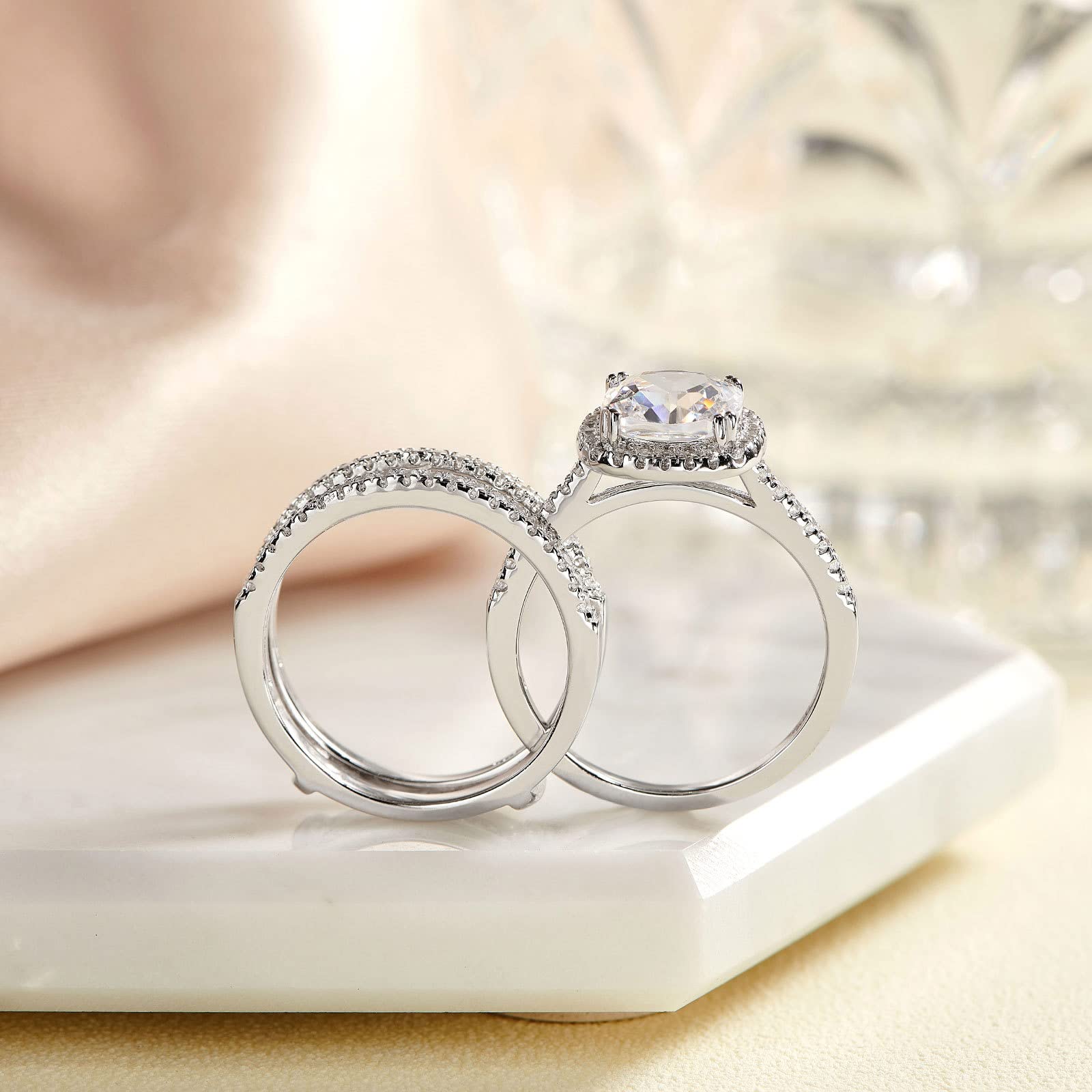 2.66CT Cushion Halo CZ Wedding Engagement Ring Set for Women - 925 Sterling Silver Bridal Promise Band Enhancer - Size 4-12 - Perfect for Proposals, Anniversaries & Special Occasions