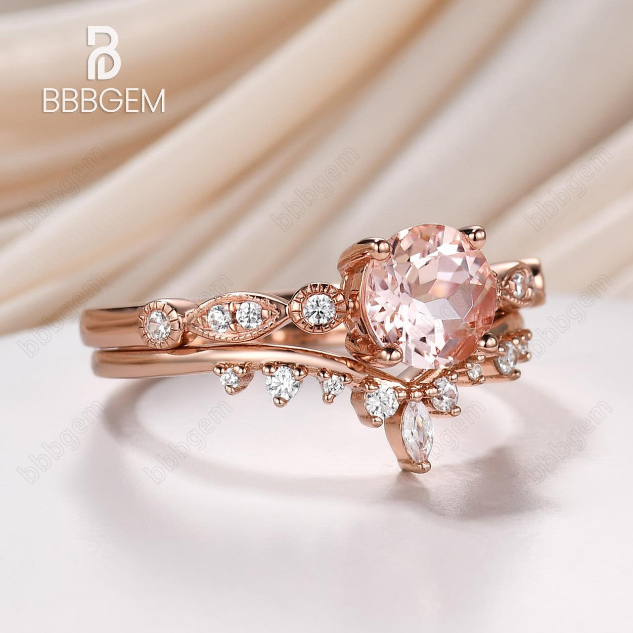 6.5mm Round Natural Morganite Engagement Ring Set in 14k Rose Gold with Curved Diamond Stacking Band – Vintage Inspired Bridal Jewelry for Weddings, Anniversaries & Romantic Occasions