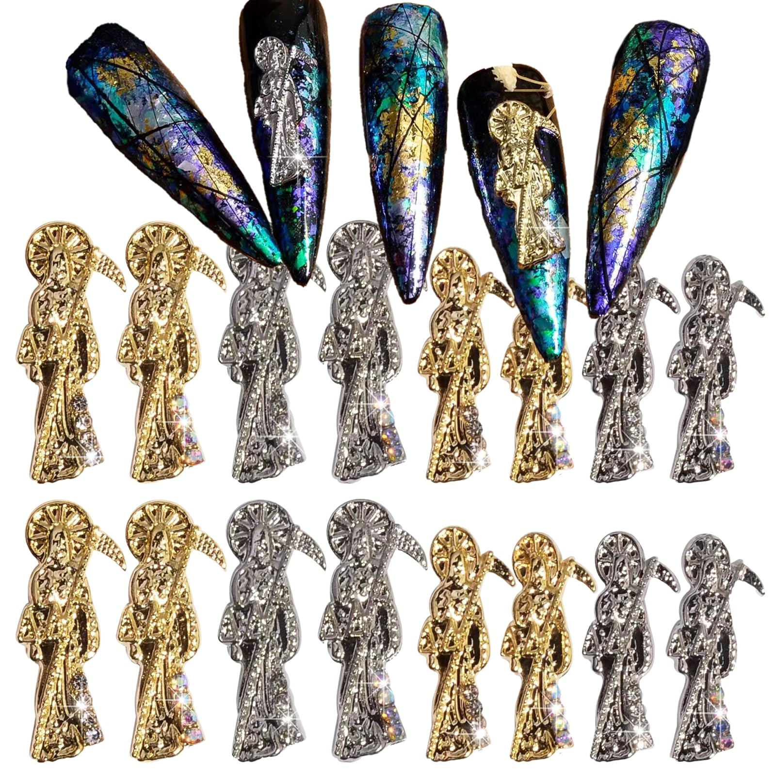 16PCS Santa Muerte Nail Charms - Gold & Silver Alloy Grim Reaper Nail Rhinestones for Acrylic Nails, Nail Art Gems & DIY Manicure Accessories | Perfect for Halloween, Gothic Nail Designs & Unique Nail Art Creations