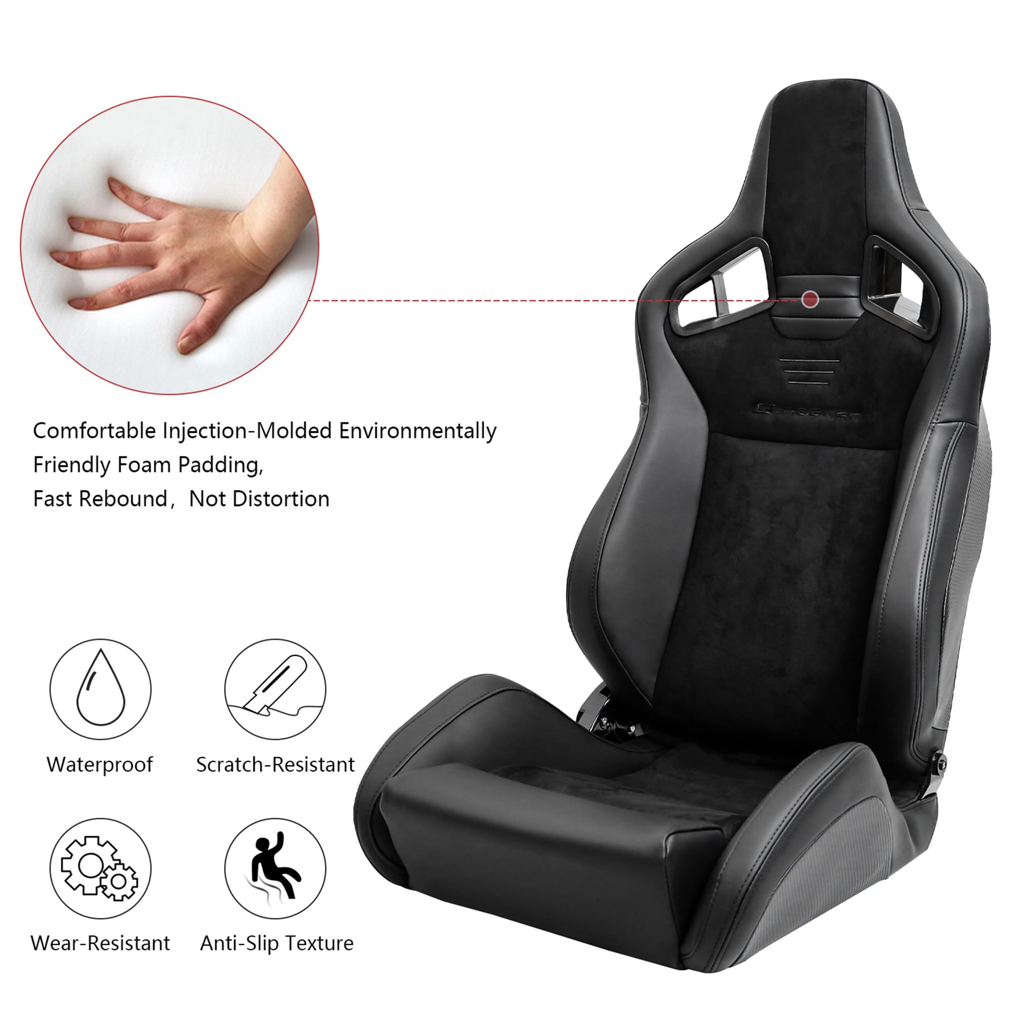 IKON MOTORSPORTS Universal Racing Seats - Pair of Reclinable Bucket Seats with Dual Sliders, Perforated Black PU Leather & Suede Front, Carbon Leather Back for Sports Cars | Perfect for Track Racing, Drifting & Performance Driving
